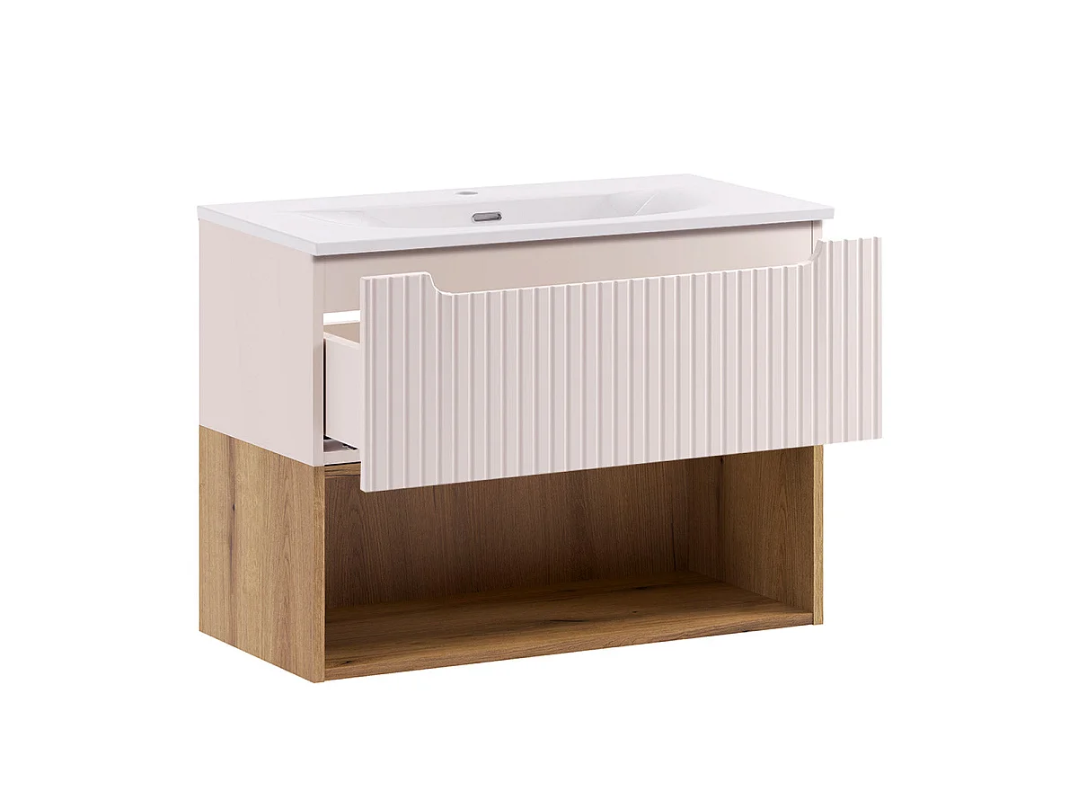 Ensemble meuble simple vasque encastrée 80cm et colonne Riva Cachemire et Bois