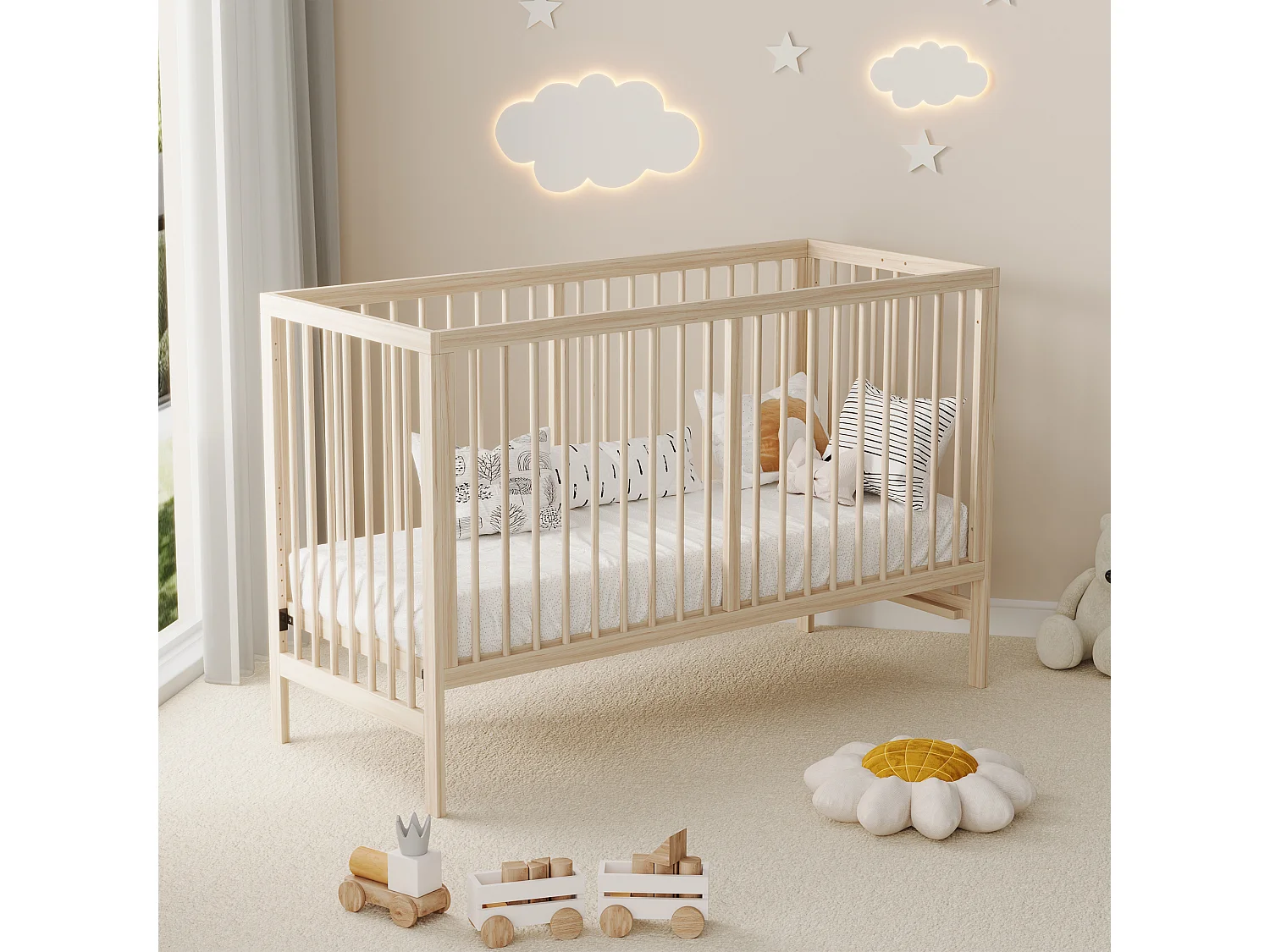 Lit bébé évolutif en bois naturel 140x60 cm avec hauteur réglable