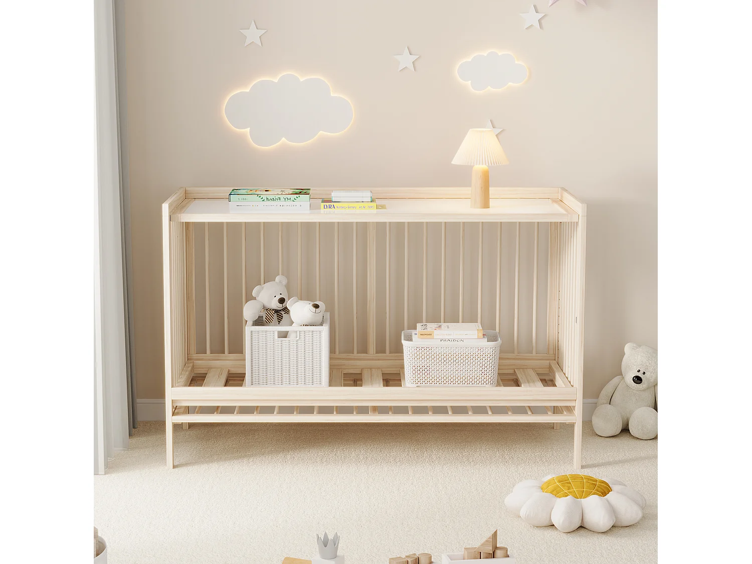 Lit bébé évolutif en bois naturel 140x60 cm avec hauteur réglable