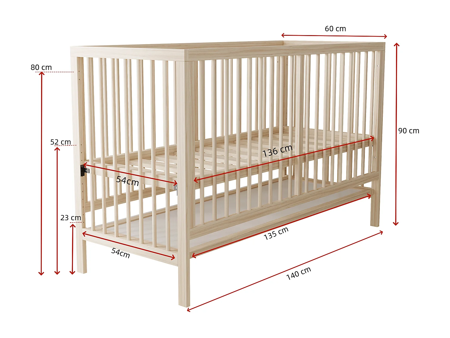 Lit bébé évolutif en bois naturel 140x60 cm avec hauteur réglable