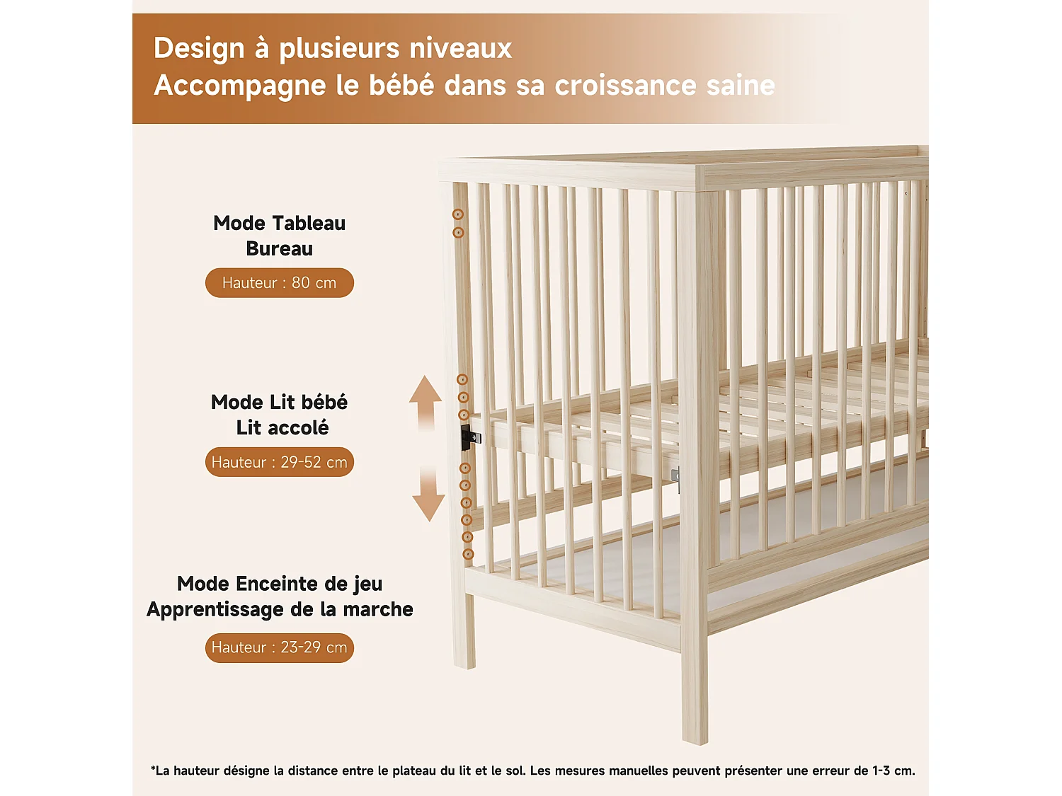 Lit bébé évolutif en bois naturel 140x60 cm avec hauteur réglable