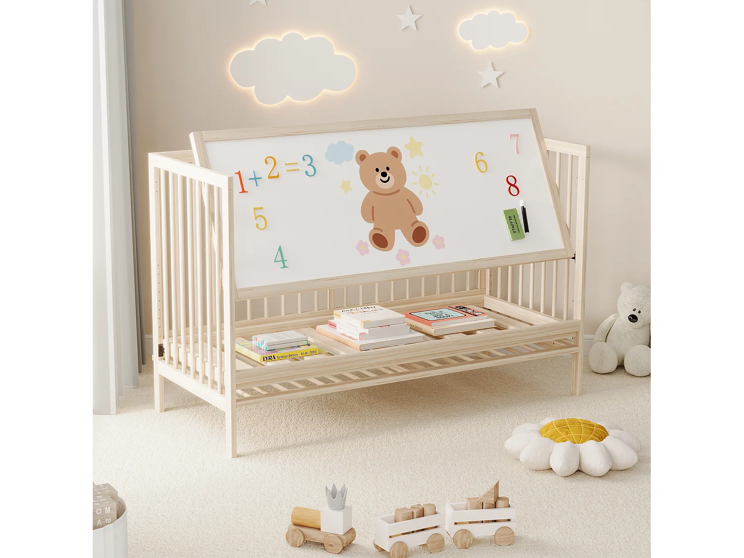 Lit bébé évolutif en bois naturel 120x60 cm avec hauteur réglable