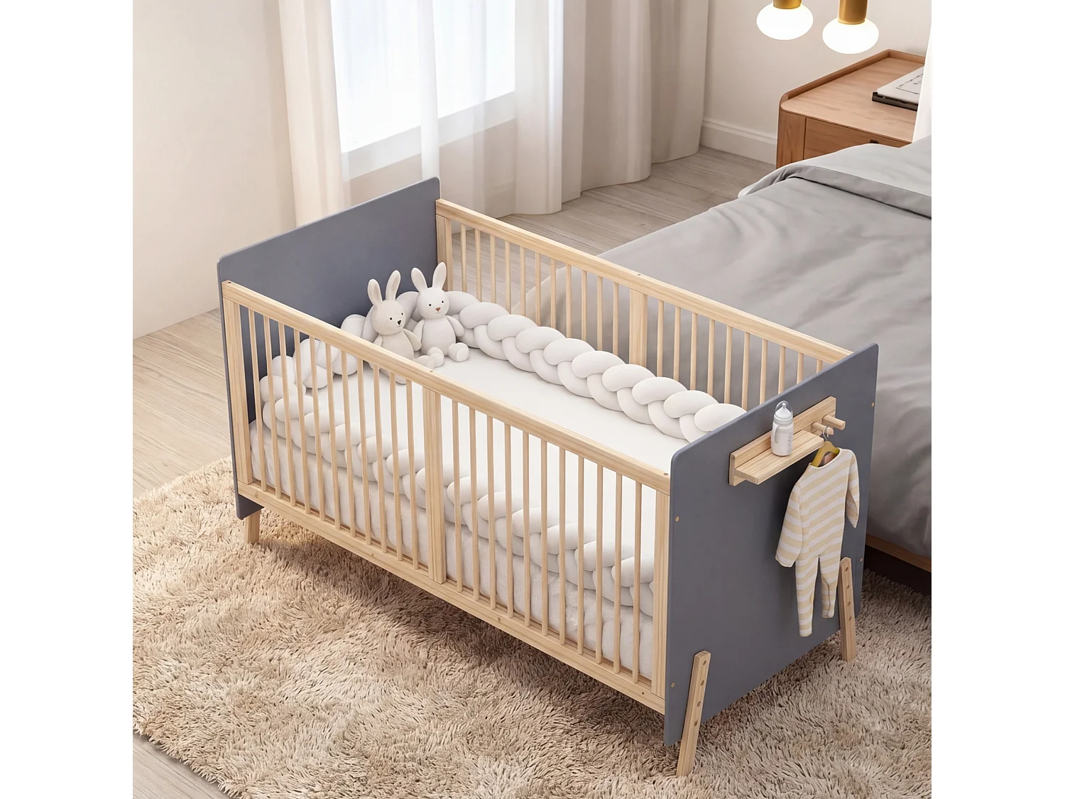 Lit bébé évolutif en bois massif 70x140 cm bleu gris et naturel