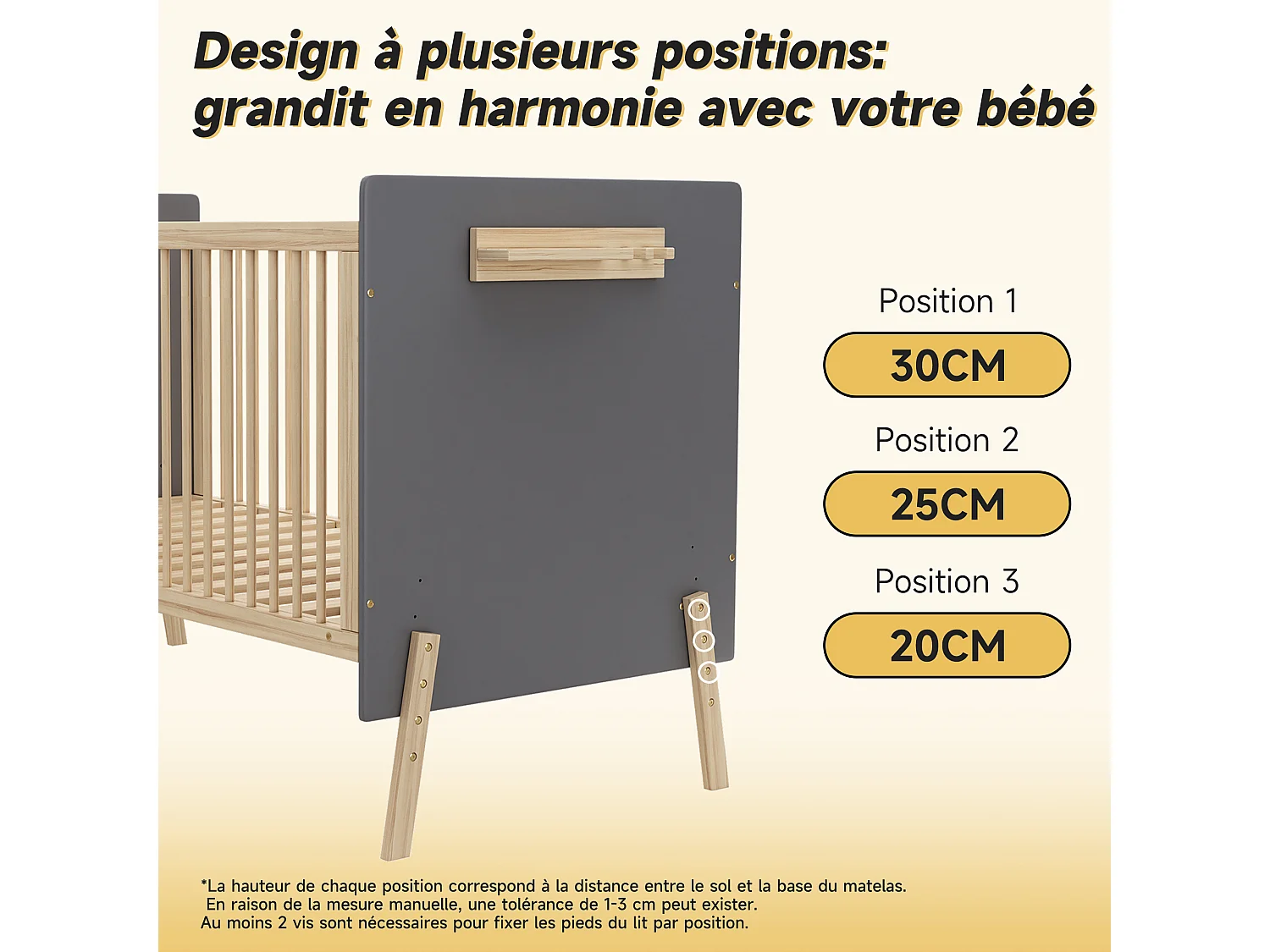 Lit bébé évolutif en bois massif 70x140 cm bleu gris et naturel