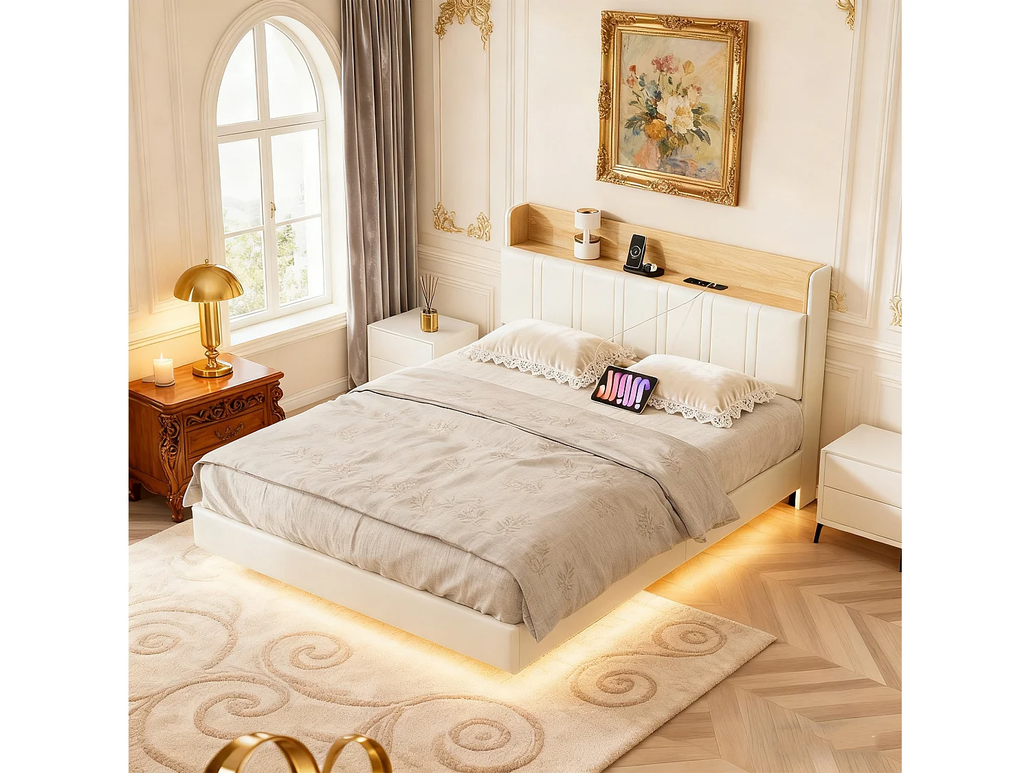 Lit 140x190 cm, RGB LED, USB, avec casiers, sac en tissu, lit flottant, cadre de lit double 140x190 cm, PU, blanc