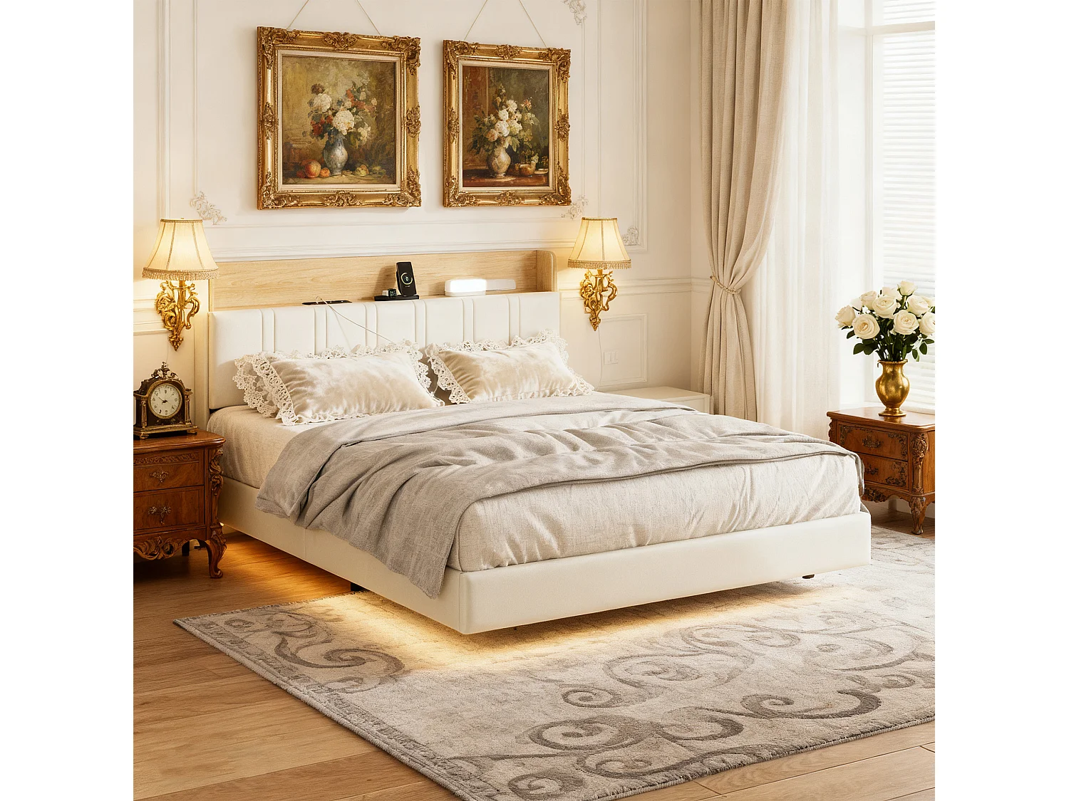 Lit 140x190 cm, RGB LED, USB, avec casiers, sac en tissu, lit flottant, cadre de lit double 140x190 cm, PU, blanc