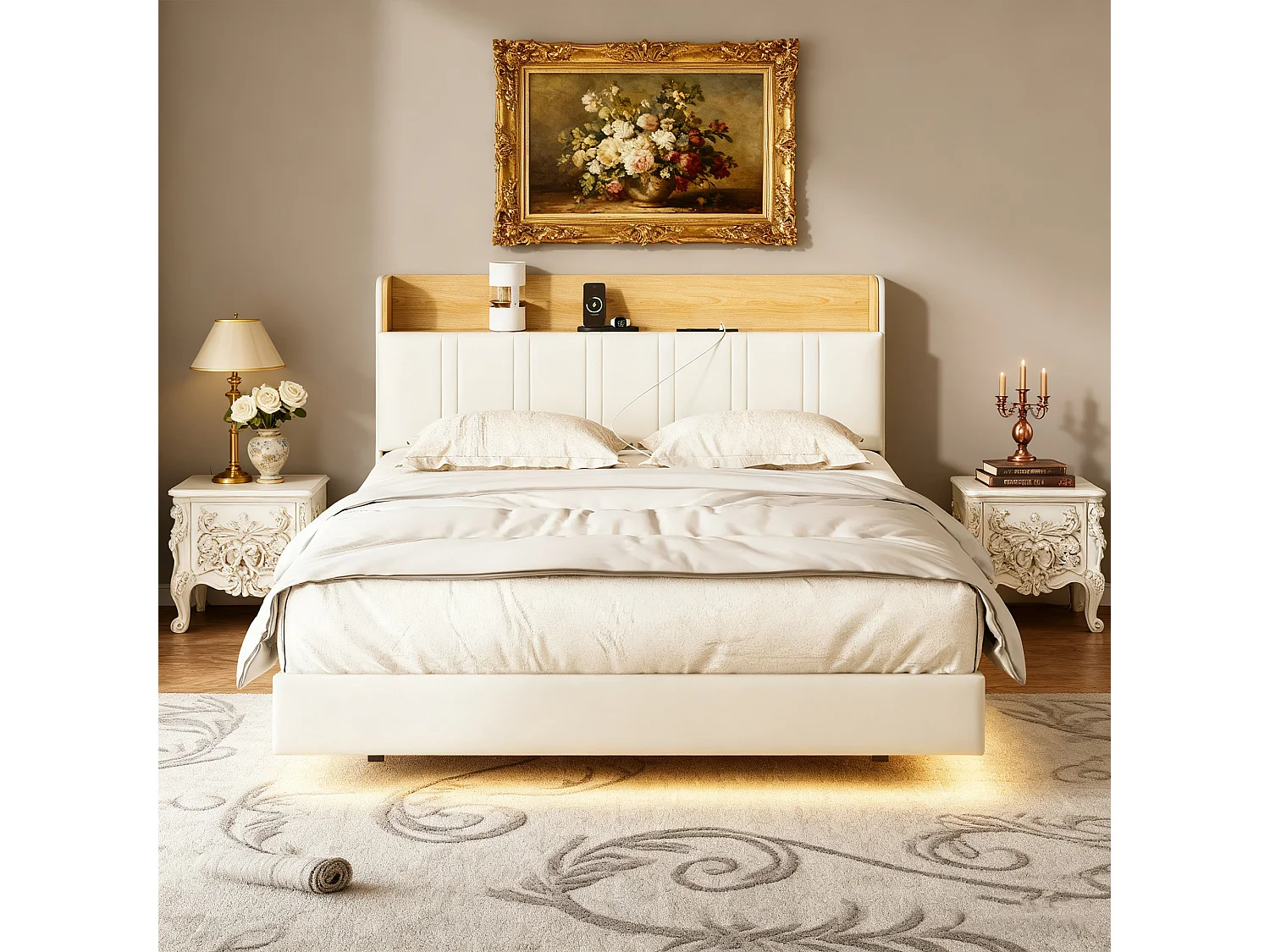 Lit 140x190 cm, RGB LED, USB, avec casiers, sac en tissu, lit flottant, cadre de lit double 140x190 cm, PU, blanc