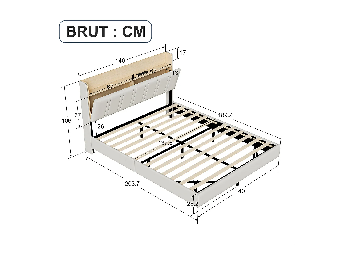 Lit 140x190 cm, RGB LED, USB, avec casiers, sac en tissu, lit flottant, cadre de lit double 140x190 cm, PU, blanc
