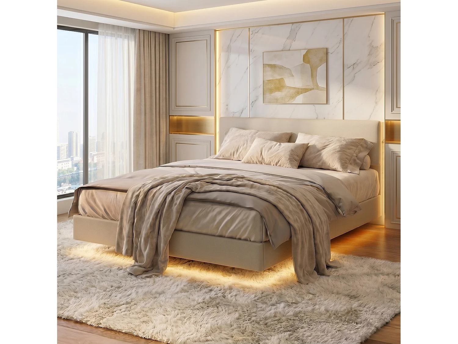 Lit flottant double 140x190 cm avec LED RGB, USB, rangements latéraux et poches en tissu, cadre en PU blanc