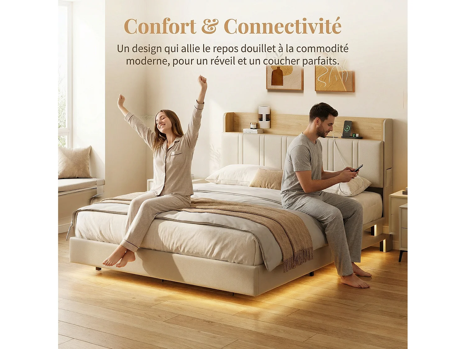 Lit flottant double 140x190 cm avec LED RGB, USB, rangements latéraux et poches en tissu, cadre en PU blanc