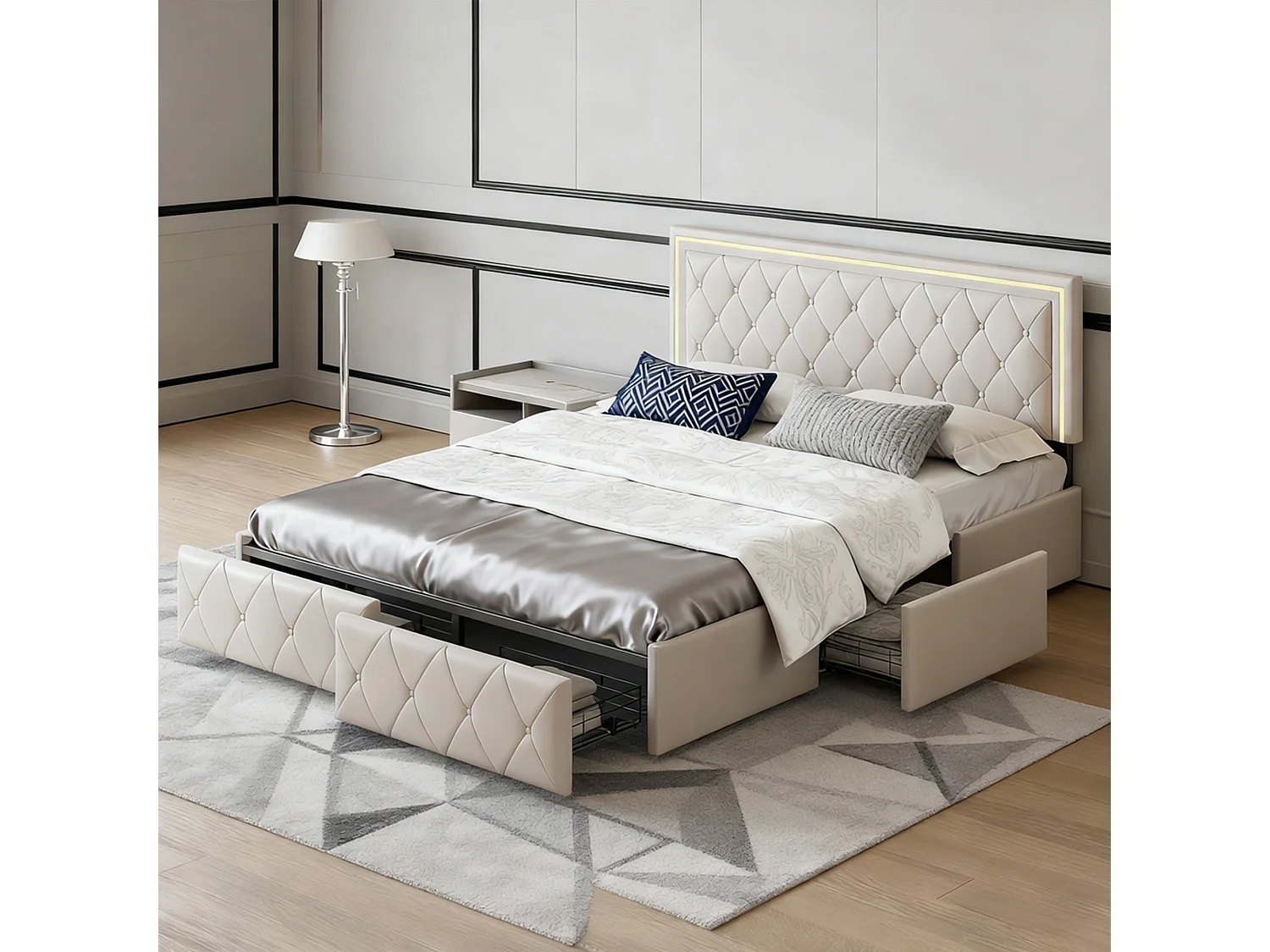 Lit 140x190 cm, RGB LED, Contemporain, lit adulte, cadre de lit double 140x190 cm, PU, Beige