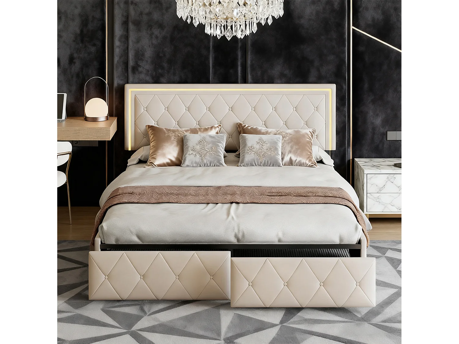 Lit 140x190 cm, RGB LED, Contemporain, lit adulte, cadre de lit double 140x190 cm, PU, Beige
