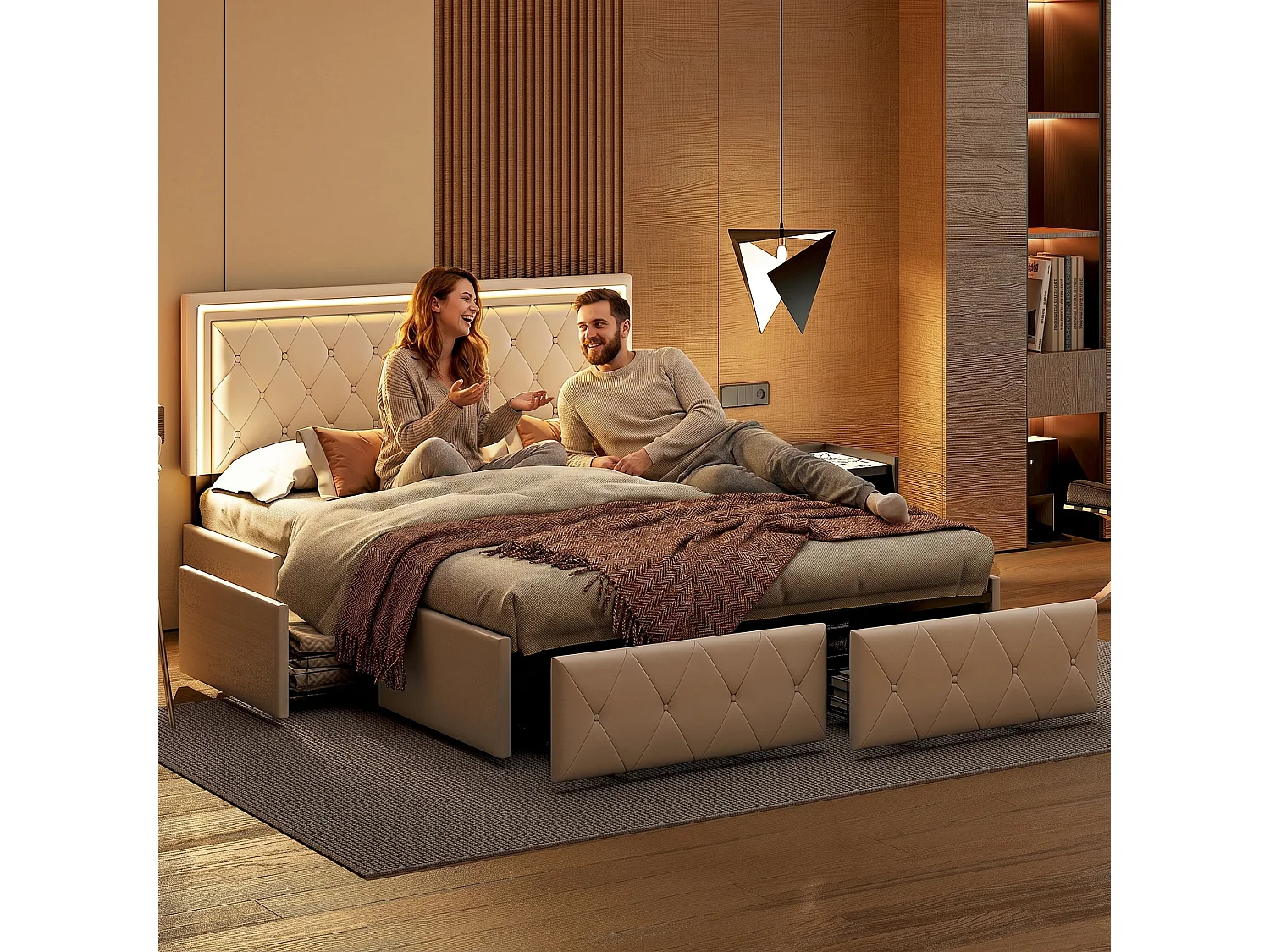 Lit double 140 x 200 cm - Lit adulte avec LED RGB - cadre de lit en PU beige