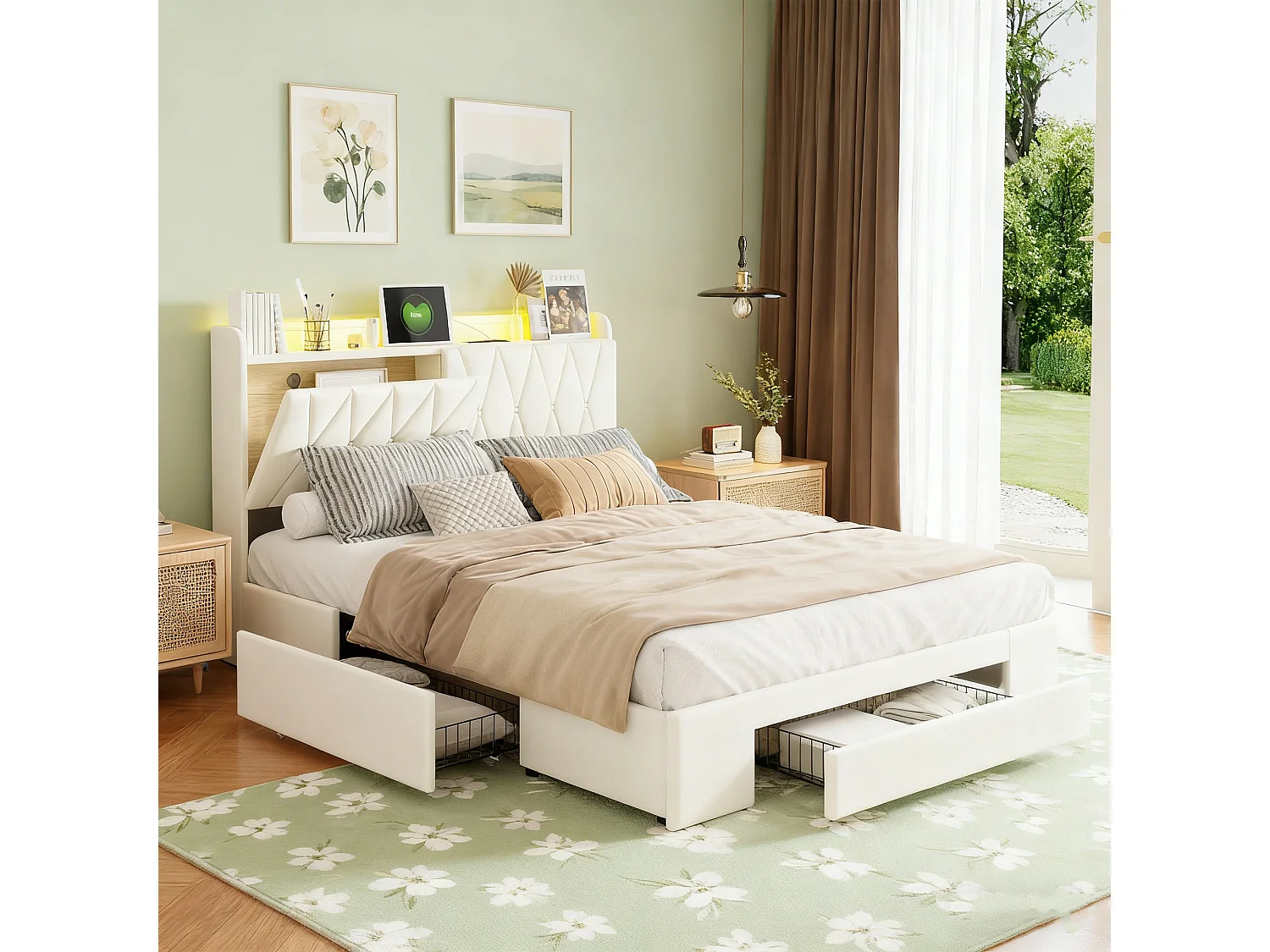 Structure de lit,NEXU,140x190 cm,avec 3 tiroirs,tissu en velours,cadre de lit 140x190 cm,Beige