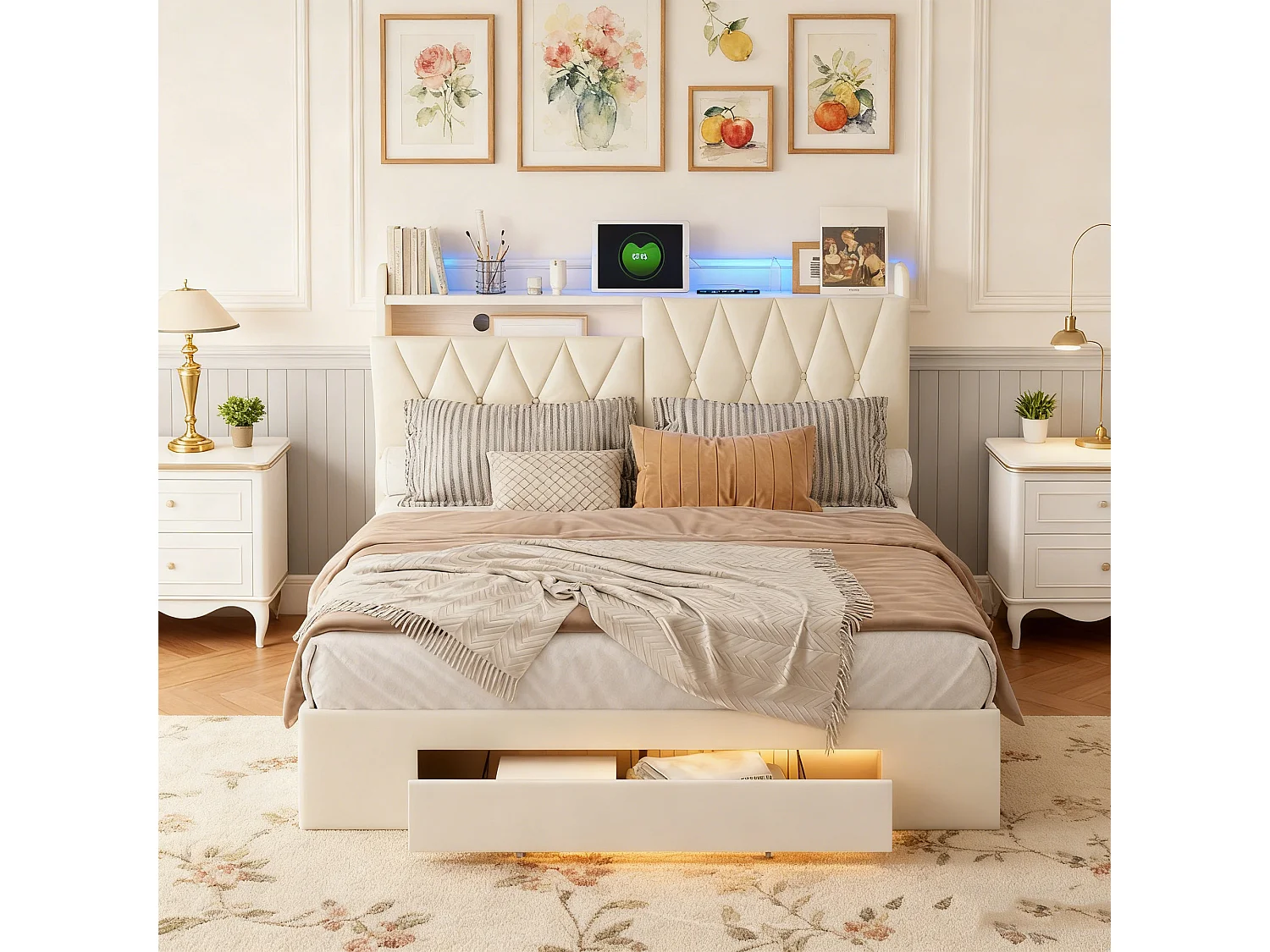 Structure de lit,NEXU,140x190 cm,avec 3 tiroirs,tissu en velours,cadre de lit 140x190 cm,Beige
