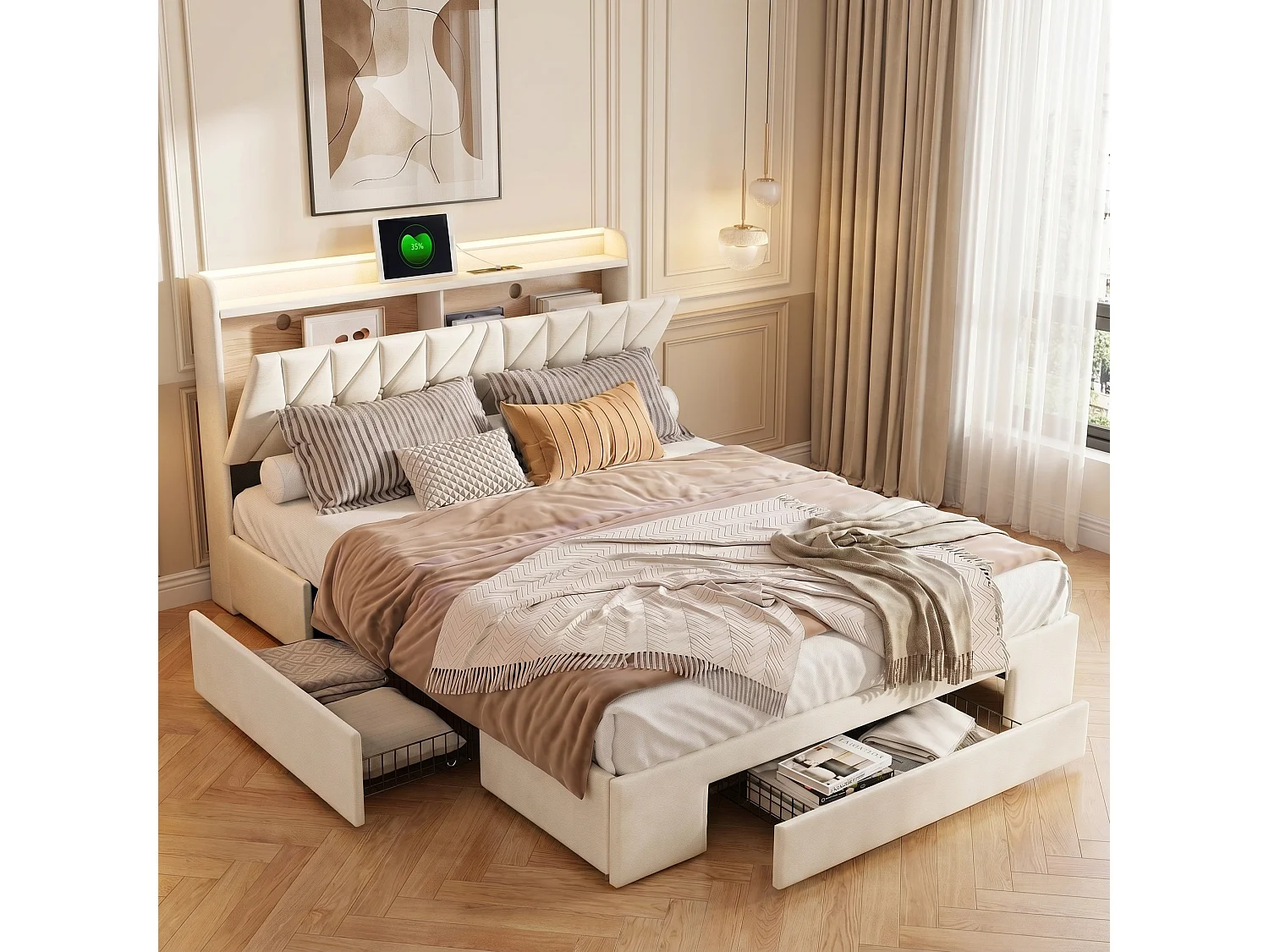 Lit double 140 x 190 cm avec 3 tiroirs de rangement – Revêtement en velours beige – NEXU