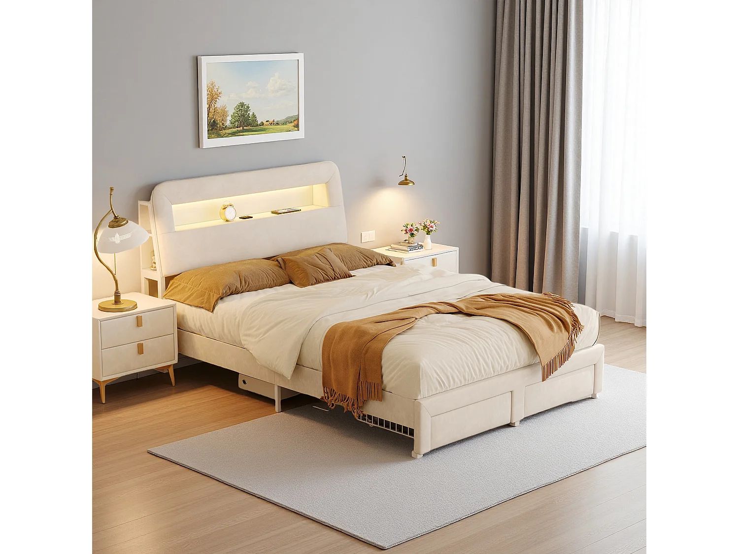 Lit 160x200 cm, NEXU, USB et Type-C, LED réglable, Elégance, lit double, cadre de lit adulte, velours, beige
