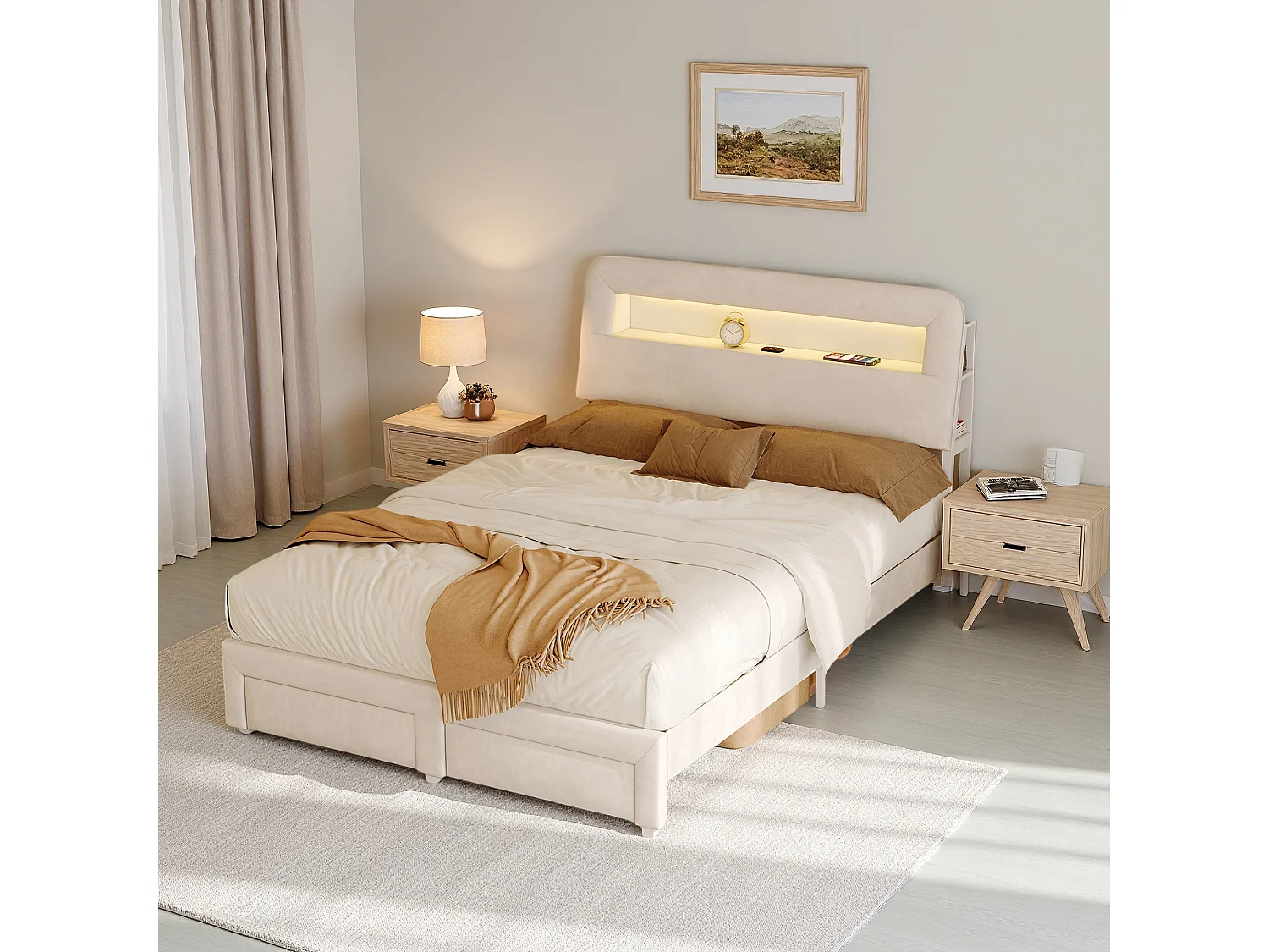 Lit 160x200 cm, NEXU, USB et Type-C, LED réglable, Elégance, lit double, cadre de lit adulte, velours, beige