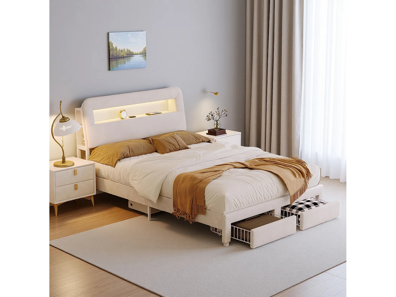 Lit 160x200 cm, NEXU, USB et Type-C, LED réglable, Elégance, lit double, cadre de lit adulte, velours, beige