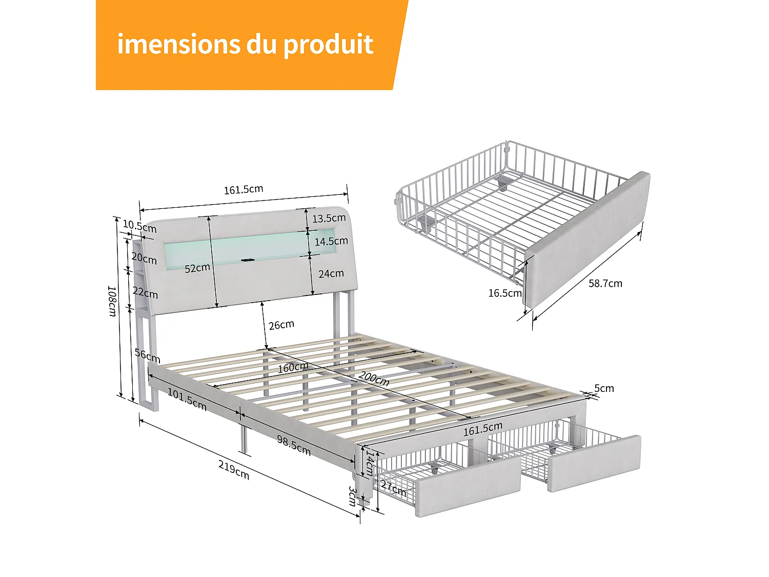 Lit 160x200 cm, NEXU, USB et Type-C, LED réglable, Elégance, lit double, cadre de lit adulte, velours, beige