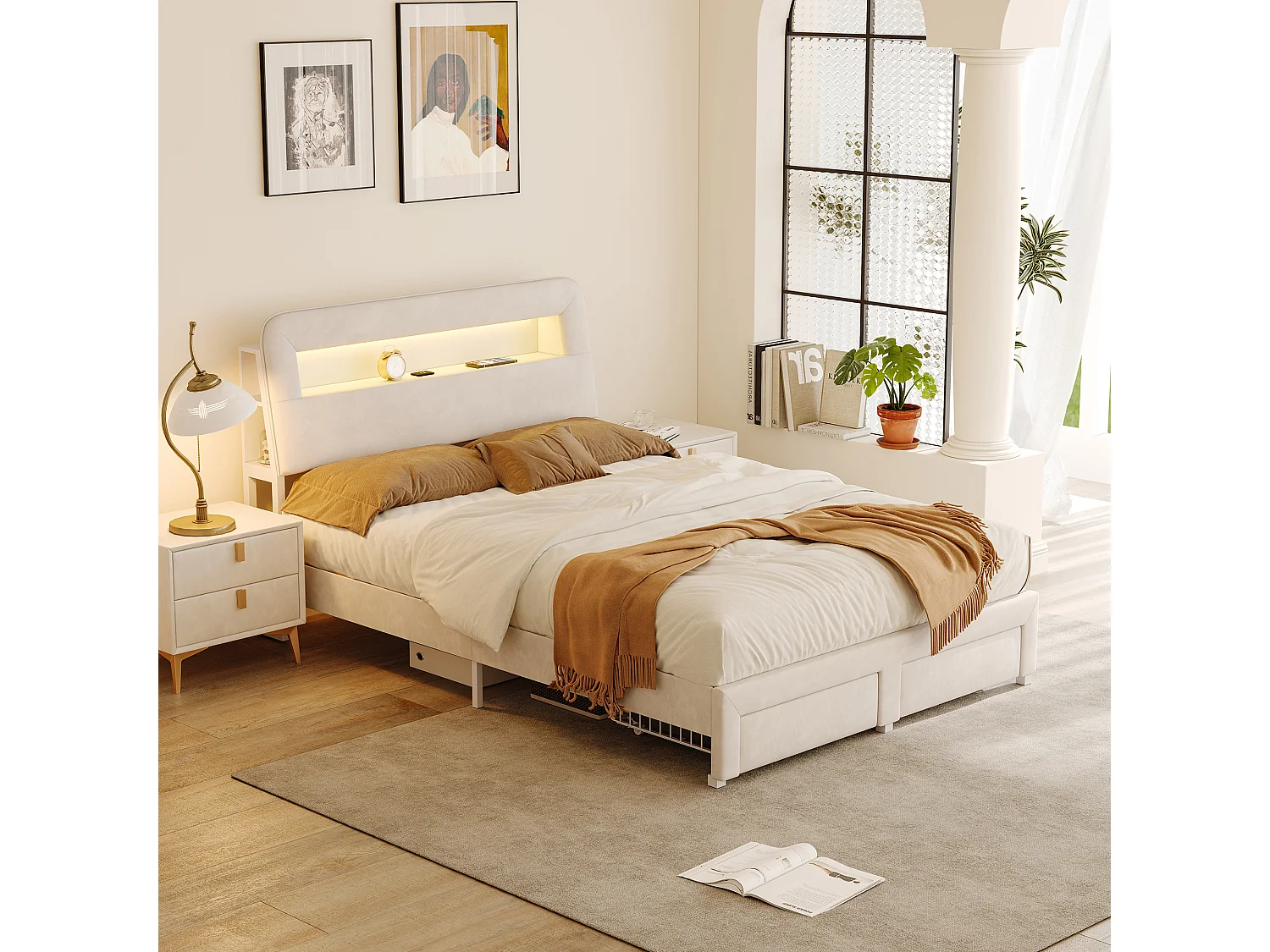 Lit double 160 x 200 cm - NEXU - avec sommier à lattes, 2 tiroirs de rangement, LED réglable, ports USB et Type-C - tissu velours beige