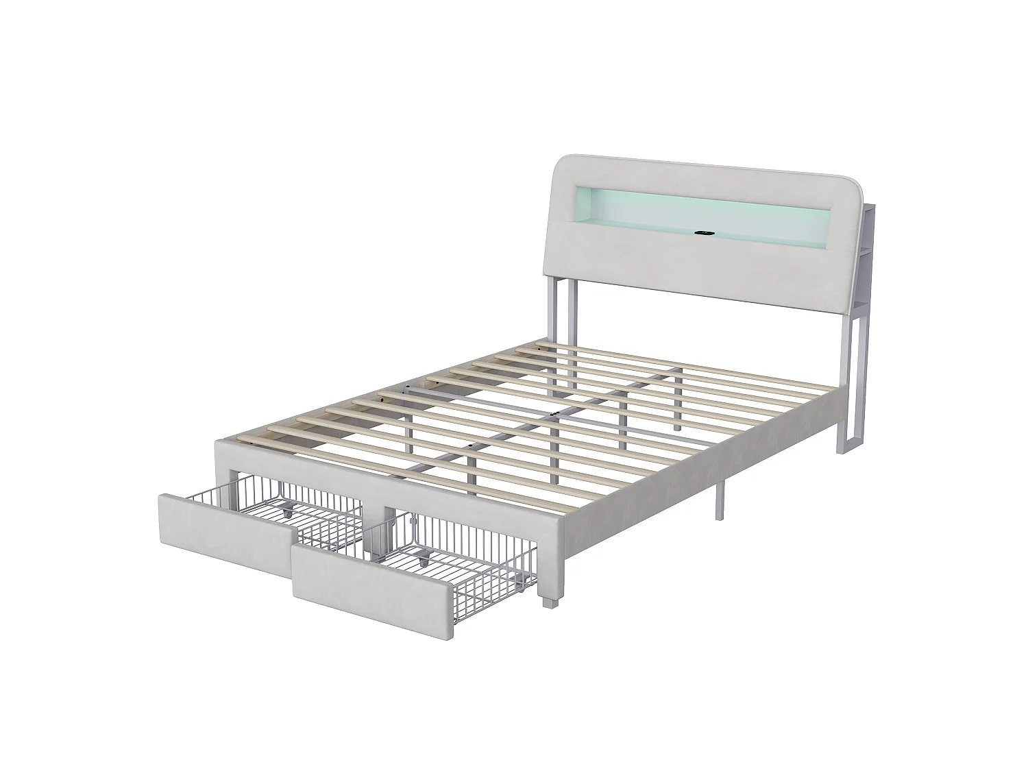 Lit double 160 x 200 cm - NEXU - avec sommier à lattes, 2 tiroirs de rangement, LED réglable, ports USB et Type-C - tissu velours beige