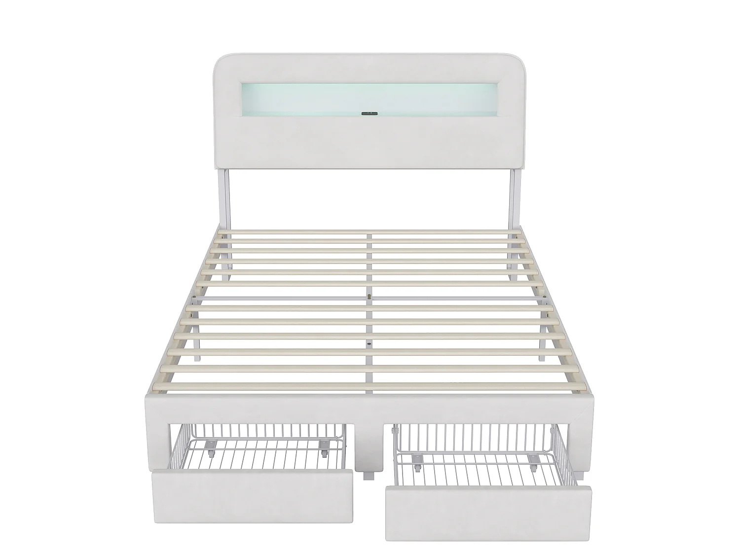 Lit double 160 x 200 cm - NEXU - avec sommier à lattes, 2 tiroirs de rangement, LED réglable, ports USB et Type-C - tissu velours beige