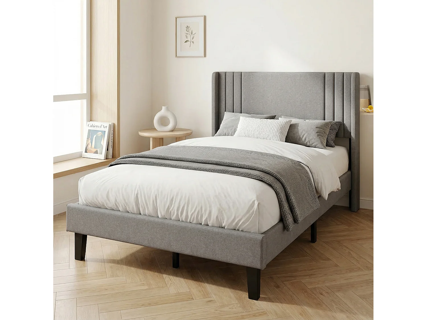 Eenpersoonsbedframe 90x200 cm - met lattenbodem, zachte linnen stof voor slaapkamer/studio - grijs