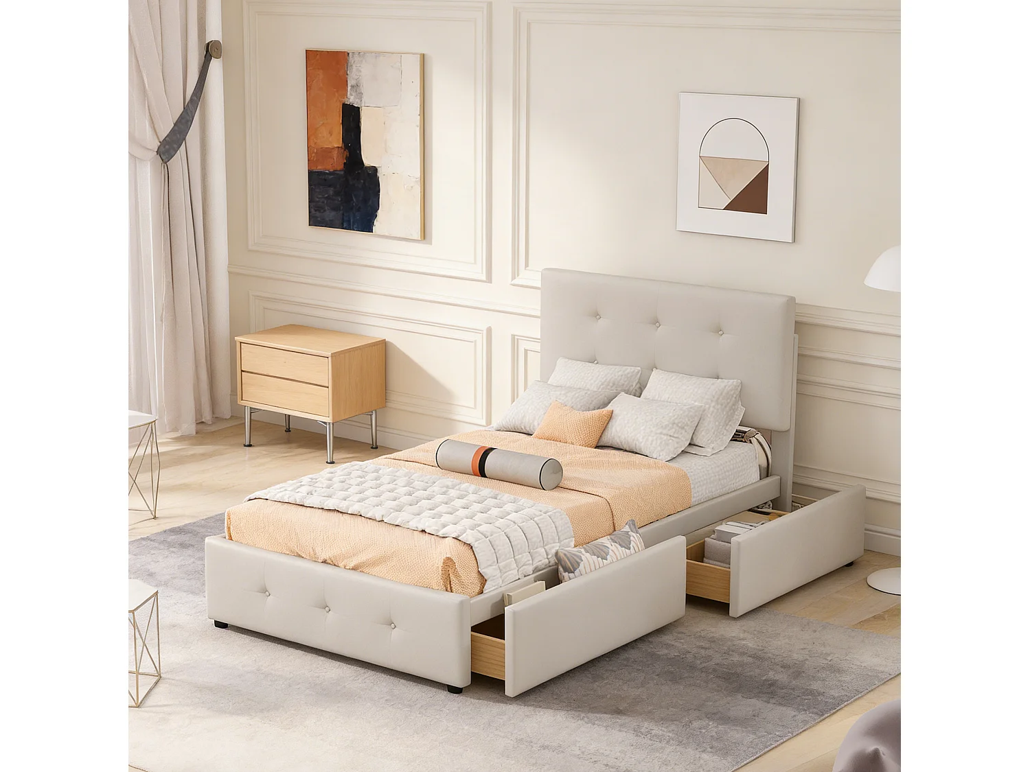 NEXU Structure de Lit - 90 x 200 cm - Lit Rembourré - 4 tiroirs et sommier - Lit Simple - Velours Beige