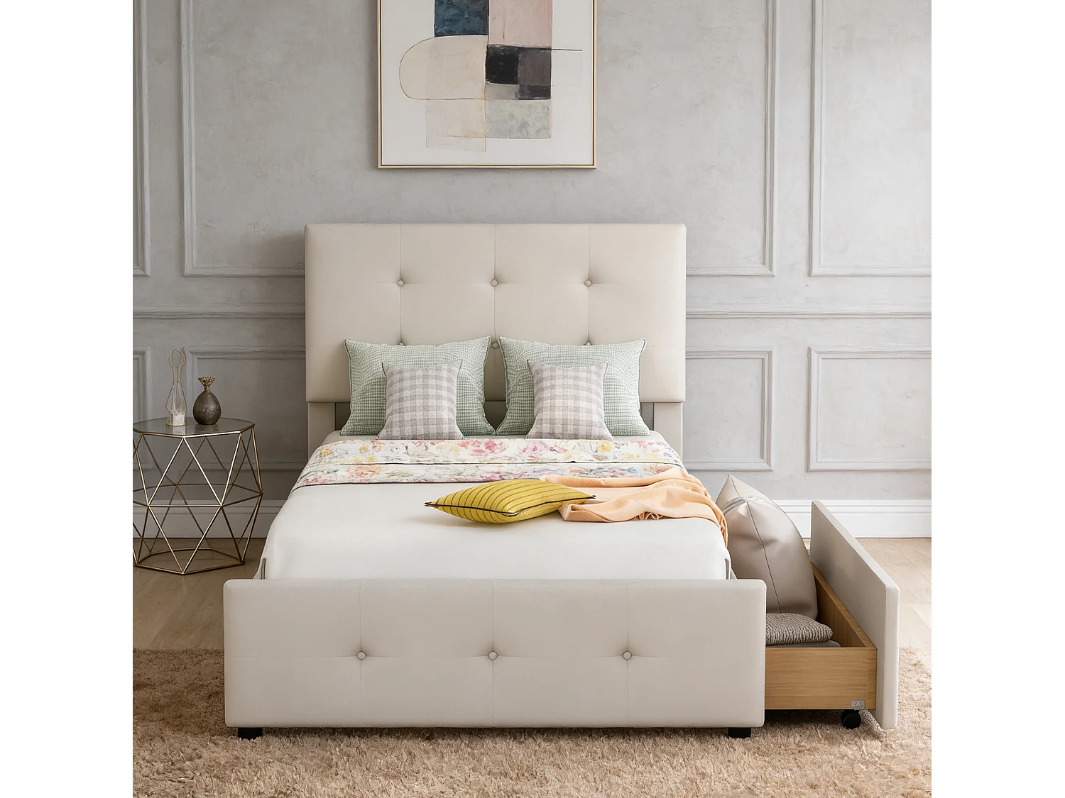 NEXU Structure de Lit - 90 x 200 cm - Lit Rembourré - 4 tiroirs et sommier - Lit Simple - Velours Beige