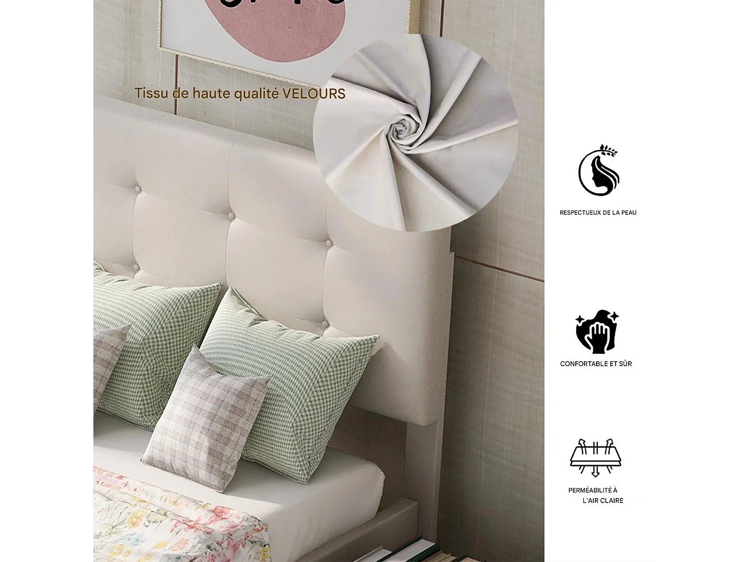 NEXU Structure de Lit - 90 x 200 cm - Lit Rembourré - 4 tiroirs et sommier - Lit Simple - Velours Beige