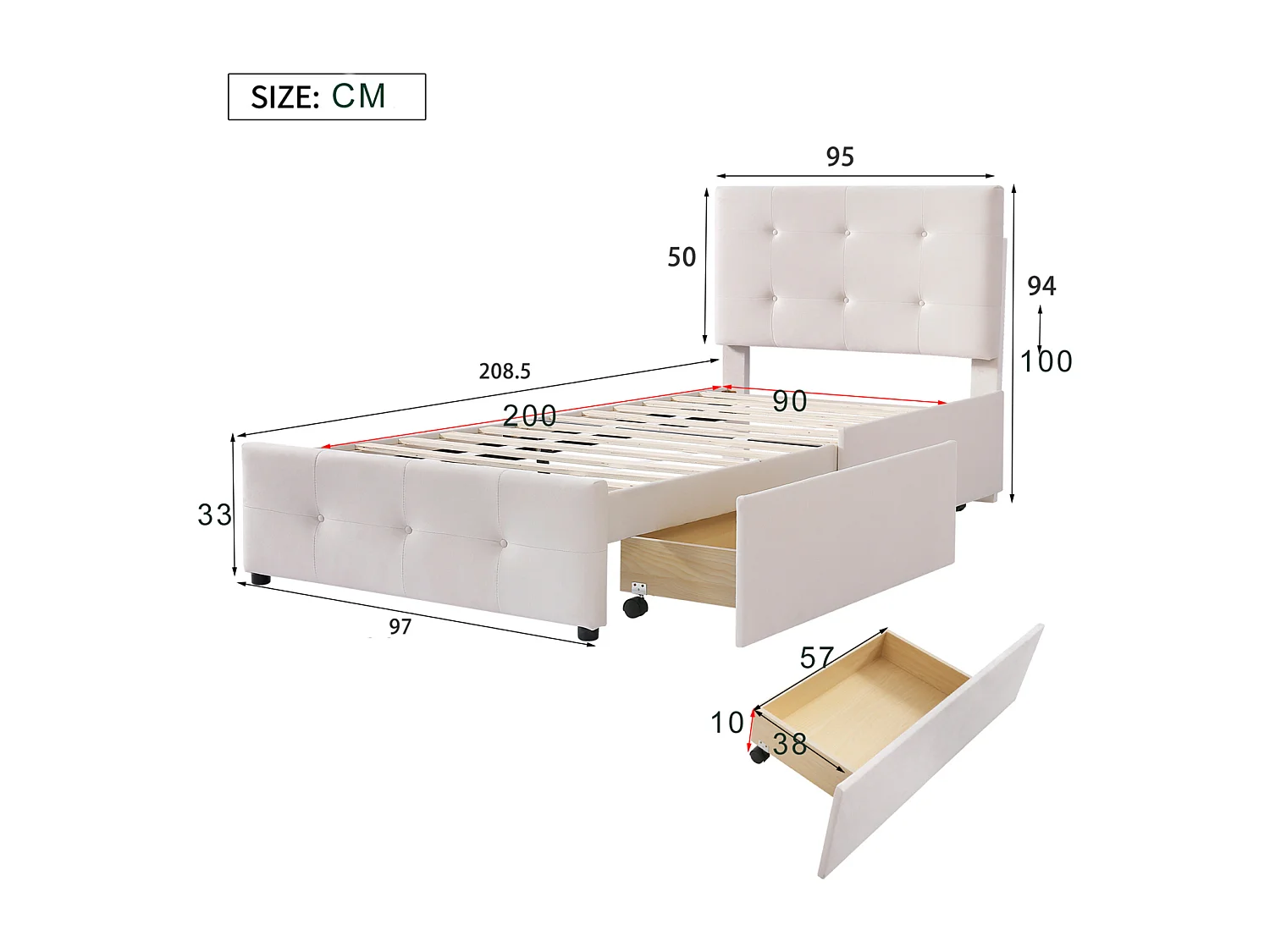 NEXU Structure de Lit - 90 x 200 cm - Lit Rembourré - 4 tiroirs et sommier - Lit Simple - Velours Beige