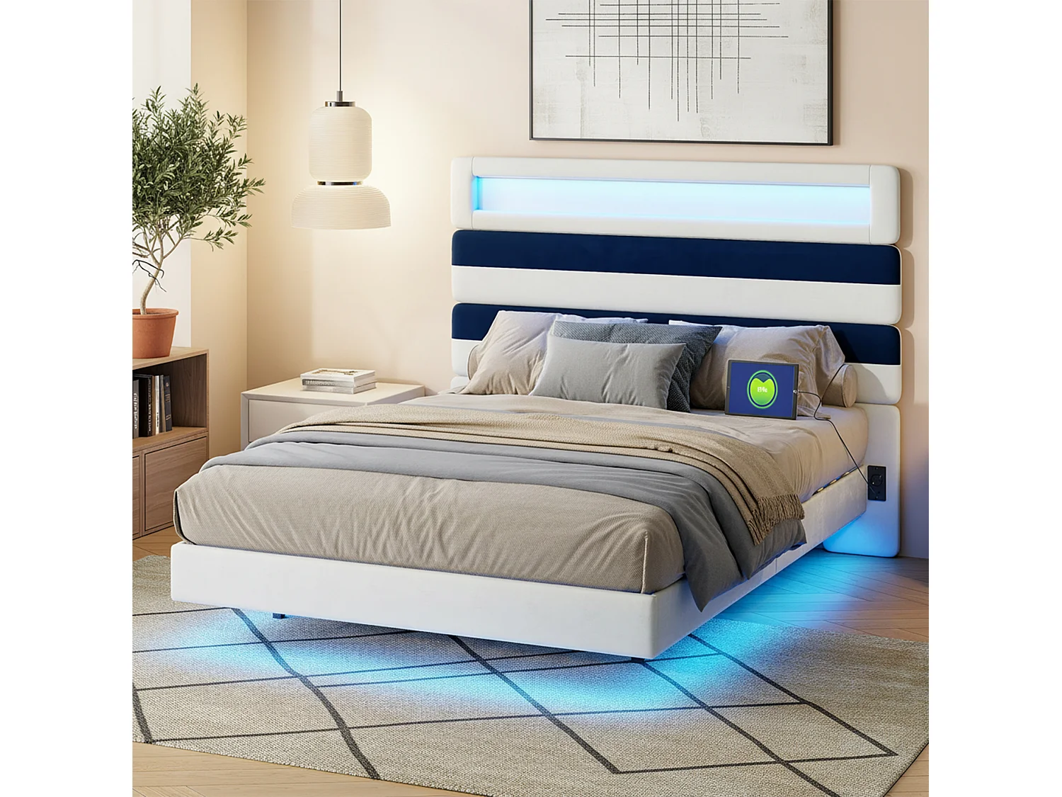 NEXU Structure de Lit Double 140 x 190 cm, Cadre Flottant avec Éclairage LED, Tête Haute, USB, Style Moderne, Beige