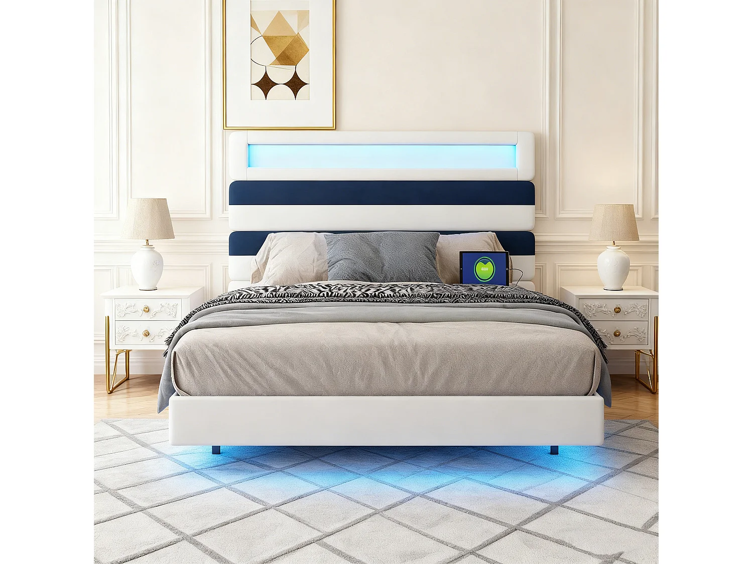 NEXU Structure de Lit Double 140 x 190 cm, Cadre Flottant avec Éclairage LED, Tête Haute, USB, Style Moderne, Beige