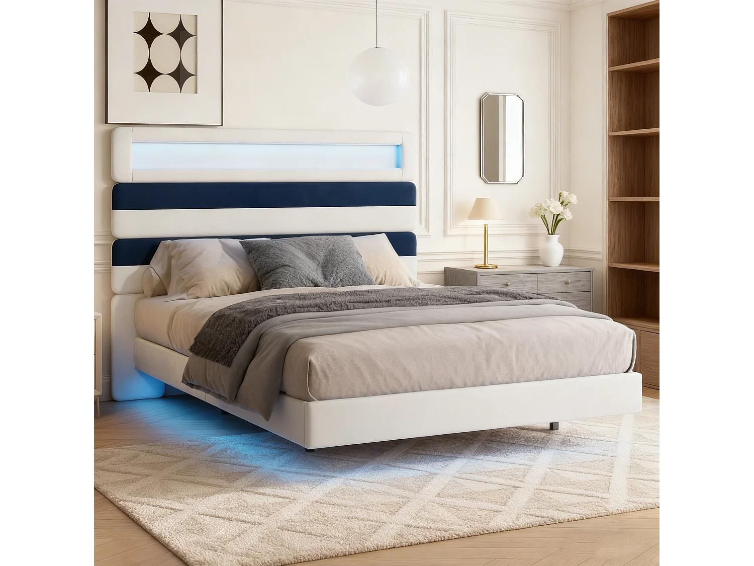 NEXU Structure de Lit Double 140 x 190 cm, Cadre Flottant avec Éclairage LED, Tête Haute, USB, Style Moderne, Beige