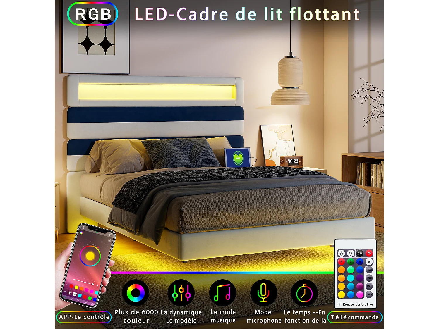 Lit Double 140x190 cm, Cadre de Lit Flottant avec LED Intégrée et Ports USB, Tête de Lit Haute Design Moderne, Beige