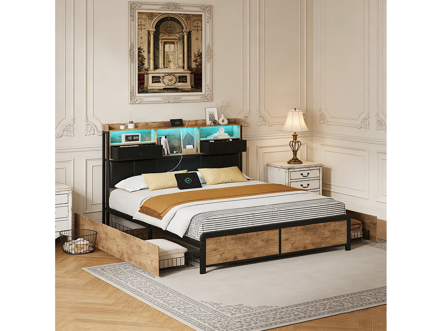 Lit 160 x 200,lit double 160 x 200 avec tiroirs,lit adulte,avec rangement de chevet,port USB et LED réglable,pu,Noir