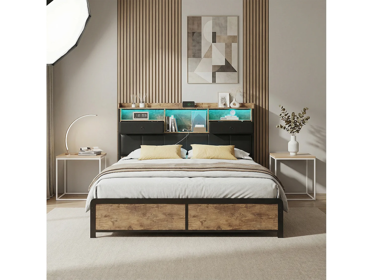 Lit 160 x 200,lit double 160 x 200 avec tiroirs,lit adulte,avec rangement de chevet,port USB et LED réglable,pu,Noir