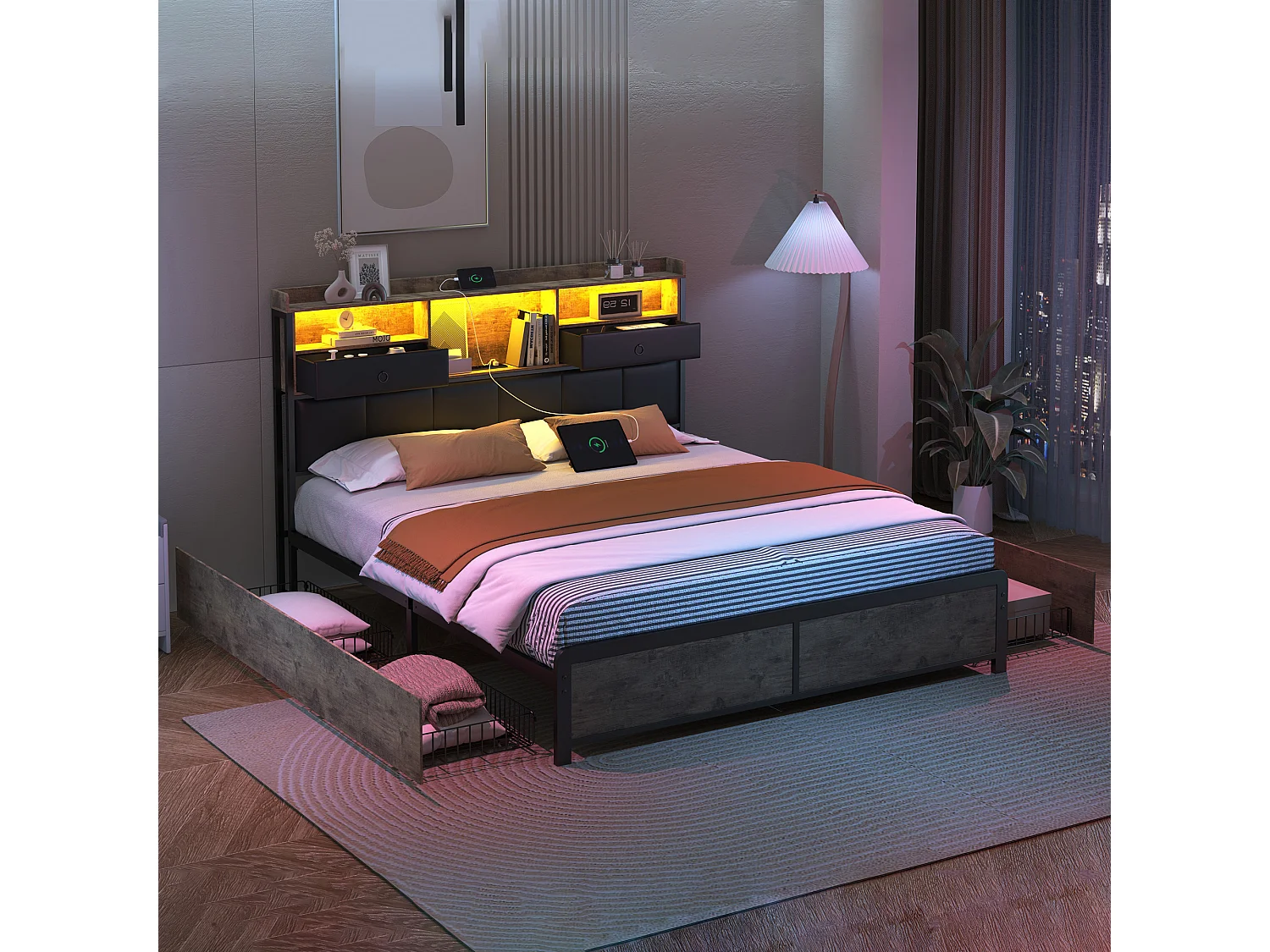 Lit 160 x 200,lit double 160 x 200 avec tiroirs,lit adulte,avec rangement de chevet,port USB et LED réglable,pu,Noir