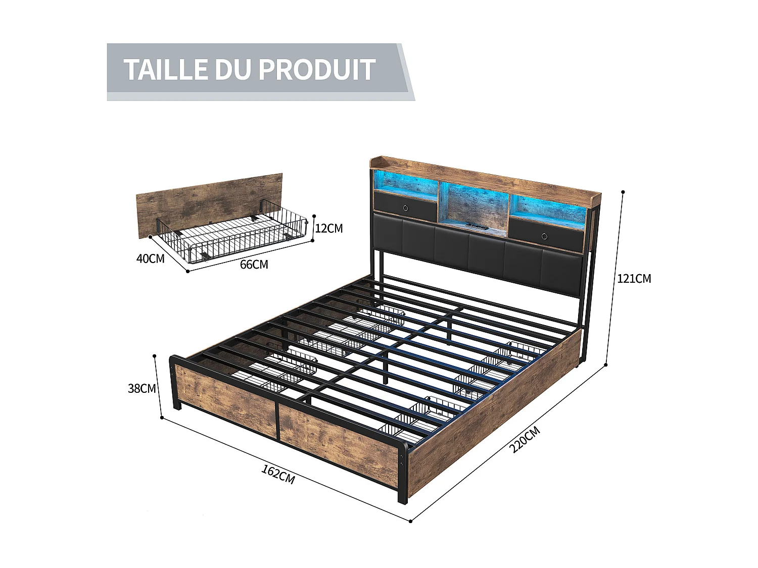 Lit 160 x 200,lit double 160 x 200 avec tiroirs,lit adulte,avec rangement de chevet,port USB et LED réglable,pu,Noir
