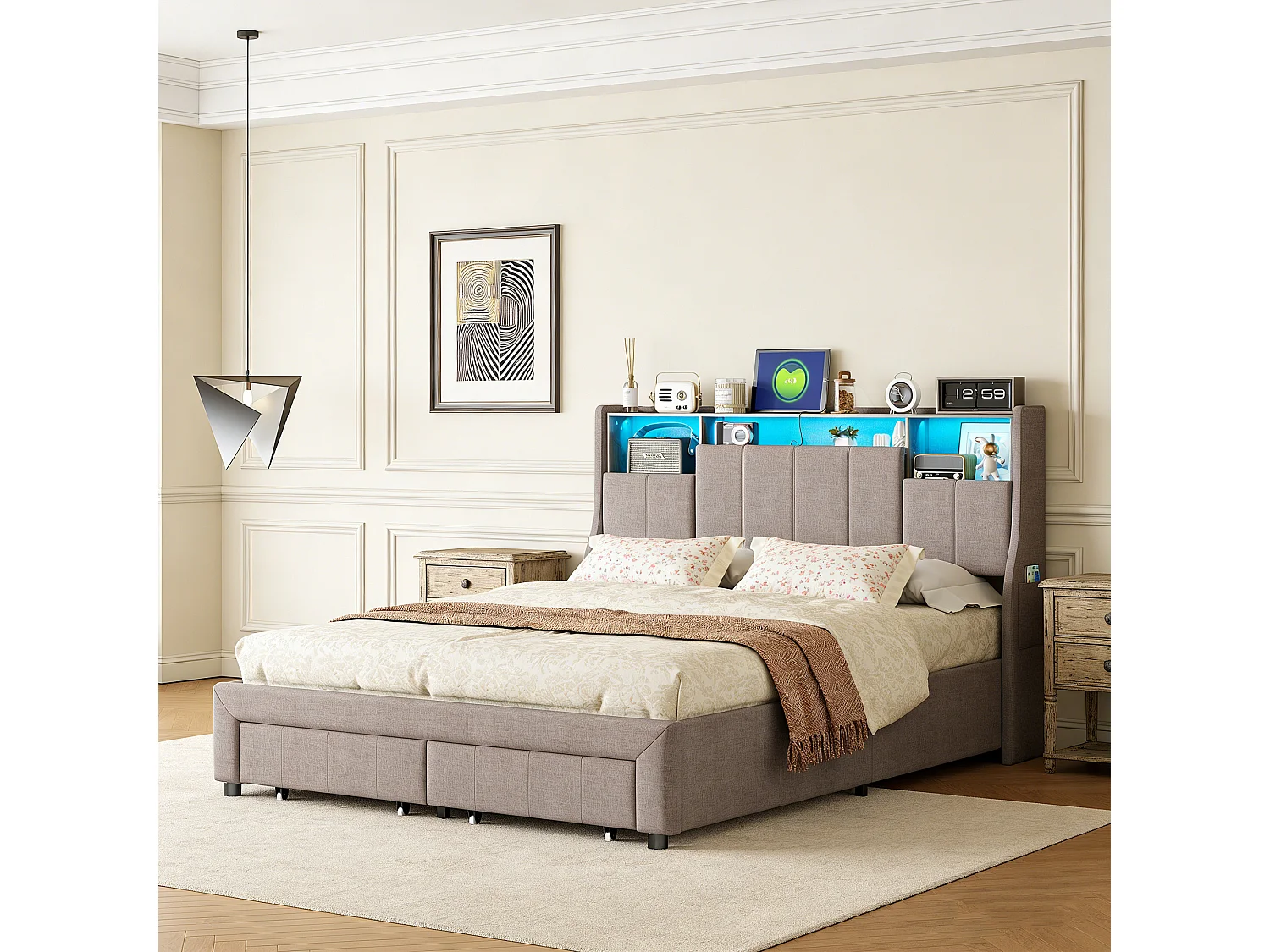 Lit 140x190 cm POCKETPOP, Lit Capitonné, Tête de Lit en Lin, Lit Double avec Sommier à Lattes,Lit Adulte pour 2