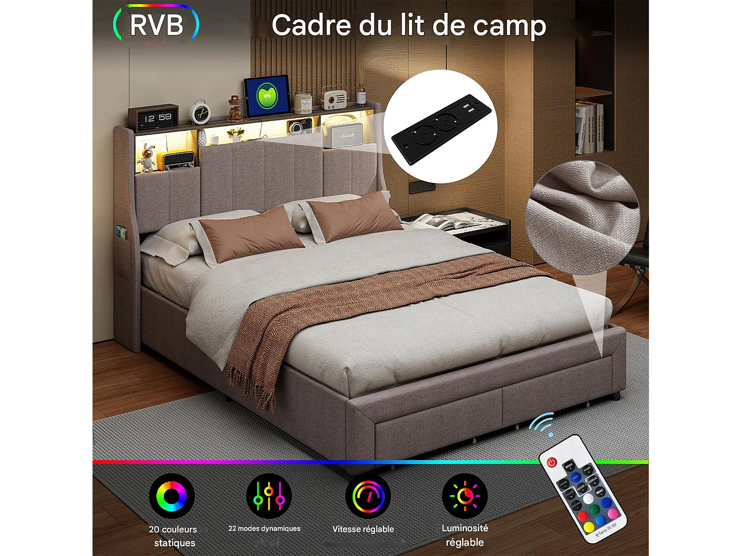 Lit 140x190 cm POCKETPOP, Lit Capitonné, Tête de Lit en Lin, Lit Double avec Sommier à Lattes,Lit Adulte pour 2
