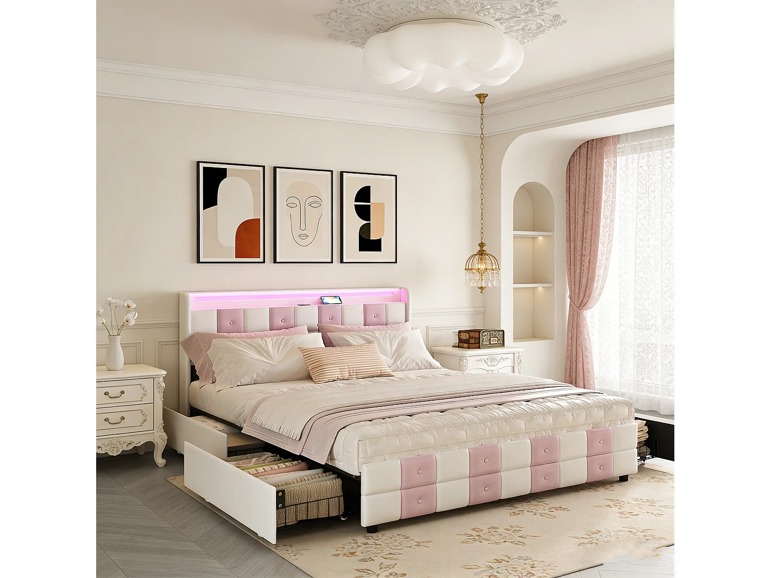 Lit 160x200 cm avec LED et charge USB Type C, lit adulte 160x200 cm avec 4 tiroirs et sommier à lattes, Velours, Blanc et rose