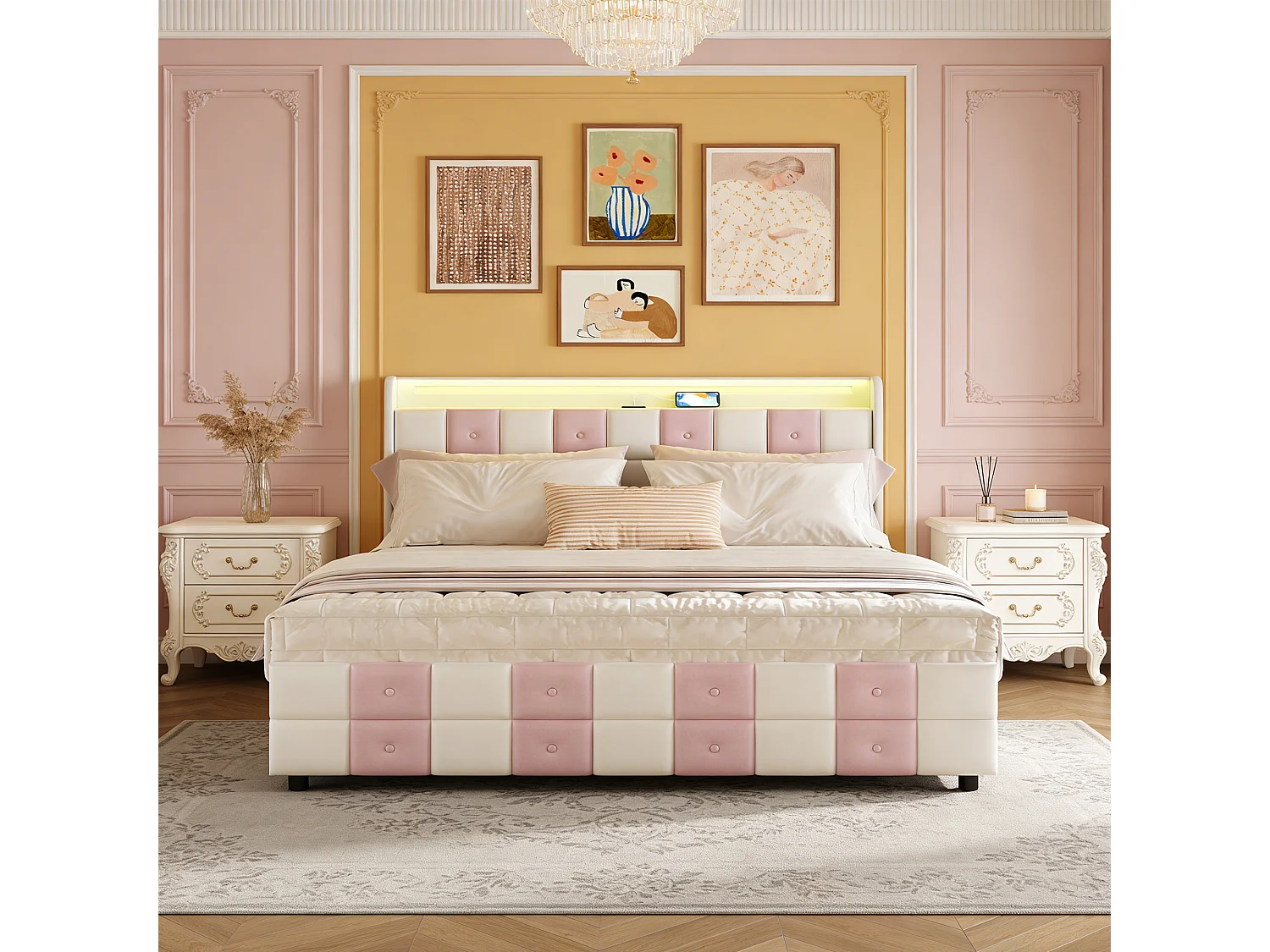Lit 160x200 cm avec LED et charge USB Type C, lit adulte 160x200 cm avec 4 tiroirs et sommier à lattes, Velours, Blanc et rose