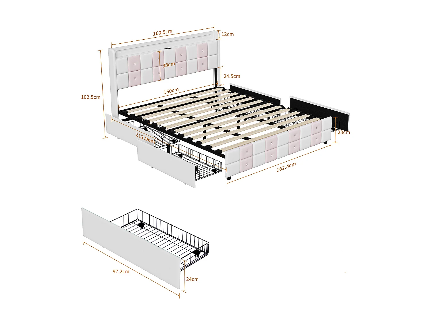 Lit 160x200 cm avec LED et charge USB Type C, lit adulte 160x200 cm avec 4 tiroirs et sommier à lattes, Velours, Blanc et rose