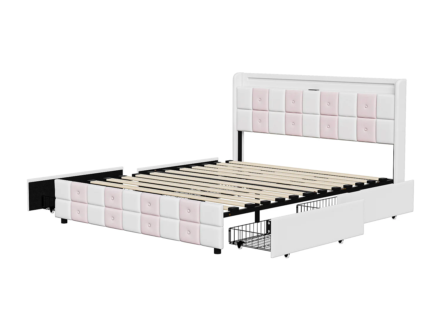 Lit 160x200 cm avec LED et charge USB Type C, lit adulte 160x200 cm avec 4 tiroirs et sommier à lattes, Velours, Blanc et rose