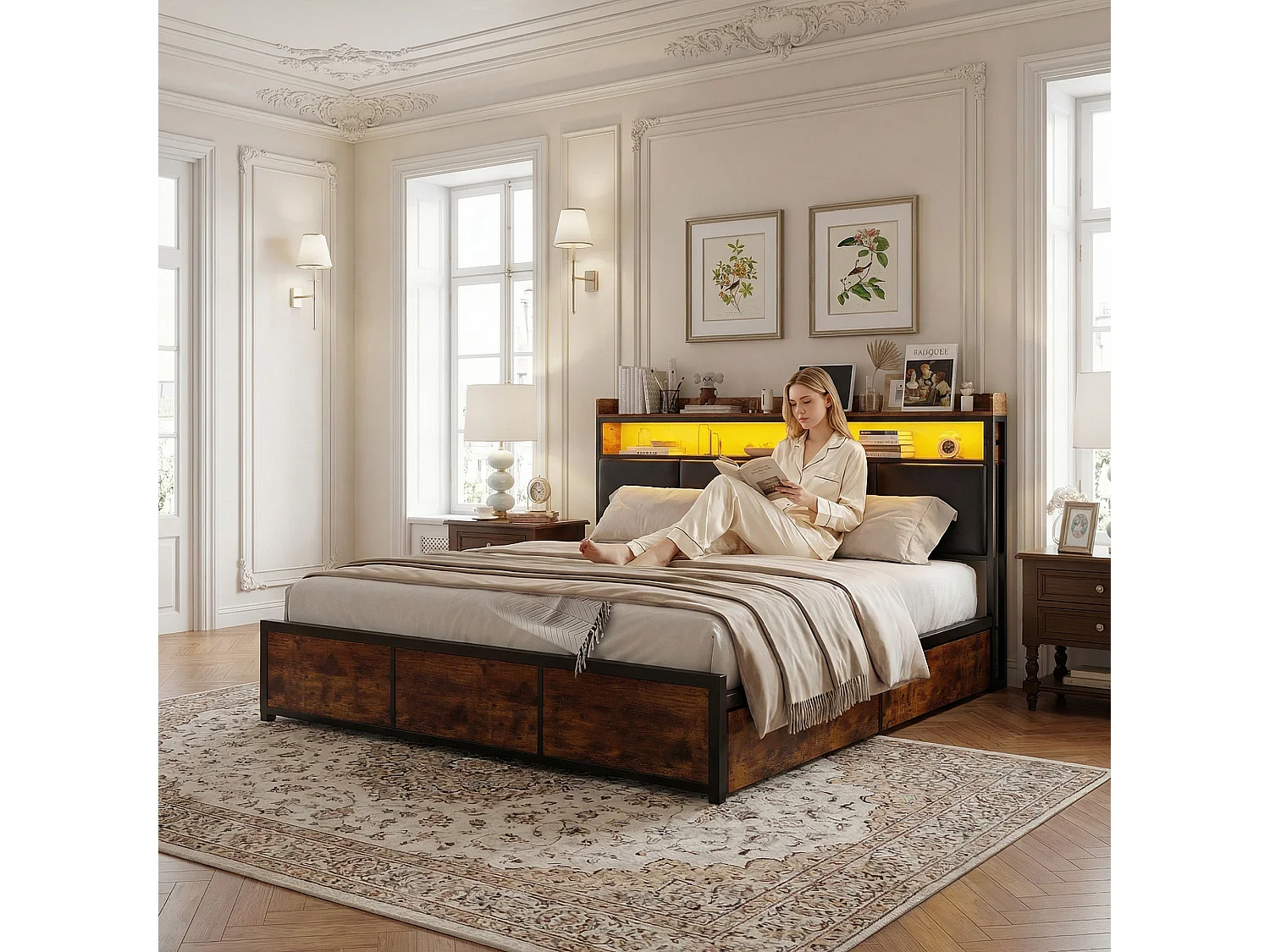 Structure de lit - POCKETPOP - 160x200 cm - 4 tiroirs - LED - Tête de lit avec espace de rangement