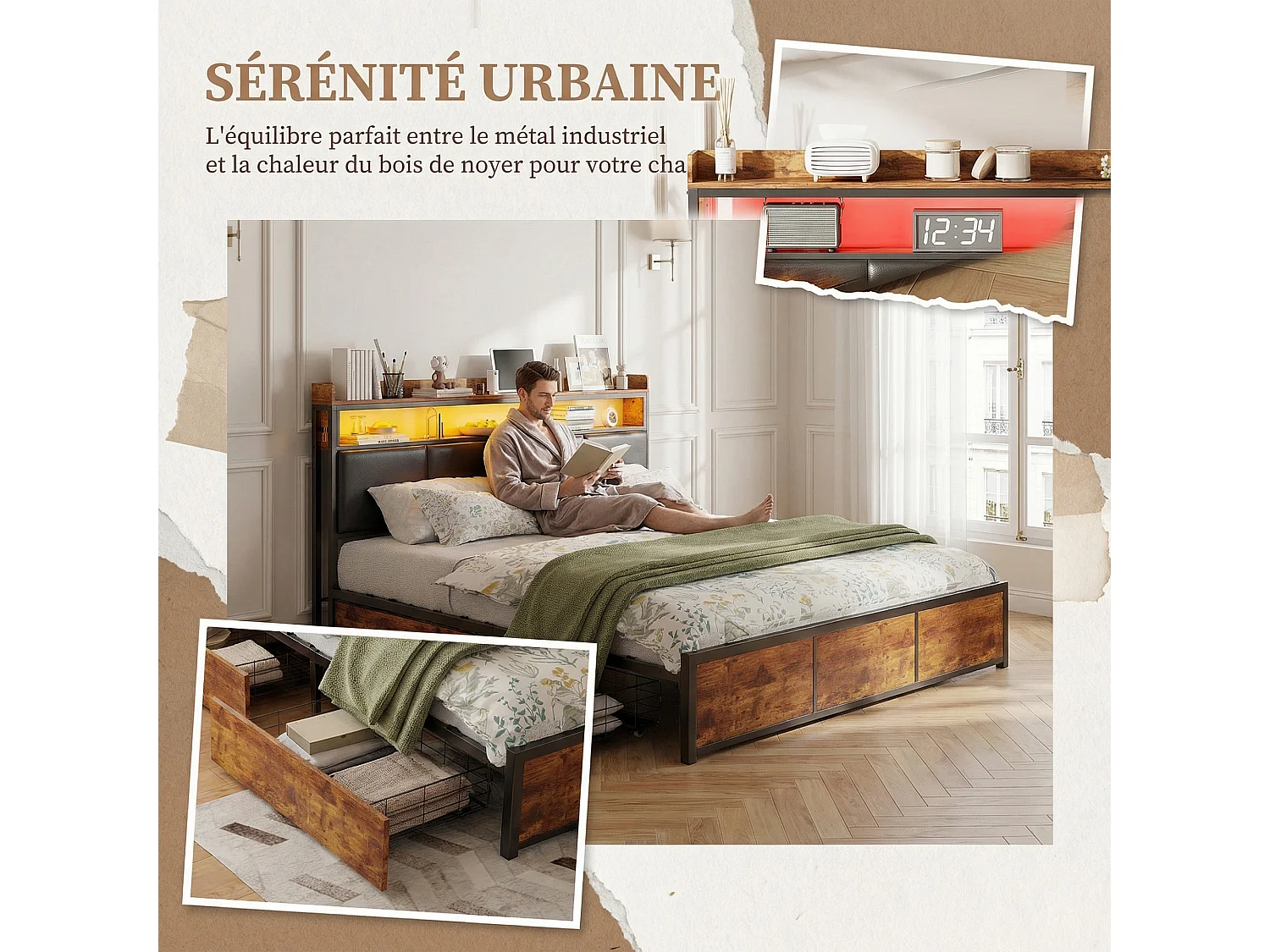 Structure de lit - POCKETPOP - 160x200 cm - 4 tiroirs - LED - Tête de lit avec espace de rangement