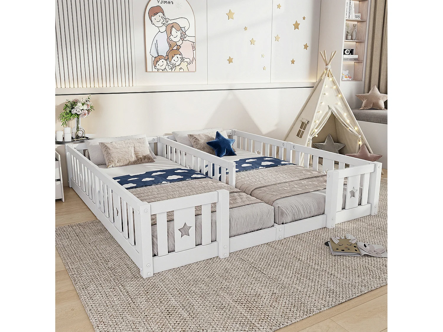Kinderbed - Vloerbed - Tweepersoonsbed - 90 x 200 cm - Sterrenpatroon - Massief hout - Wit