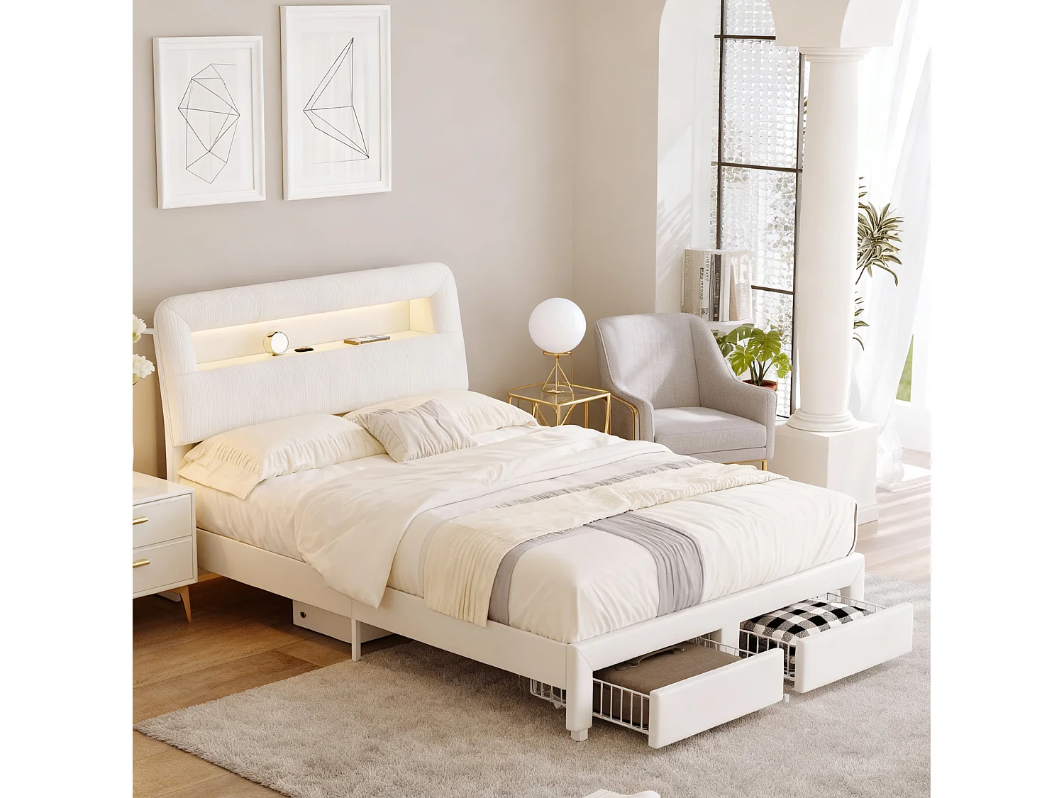 Cadre de lit 140x190 cm -Rangement de tête de lit - LED - USB - avec Sommier à Lattes - Velours - Beige